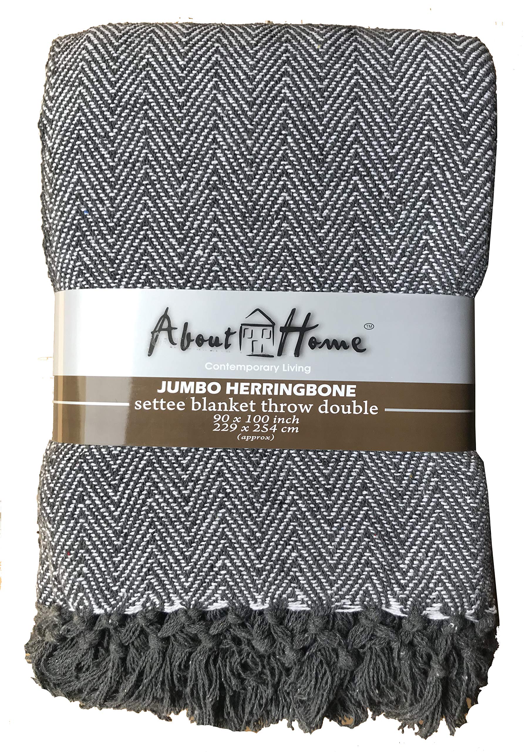 About Home Grey Cotton Rich Herringbone Blanket Throw, Settee Cover (Grey/Nat, 90"X100")
