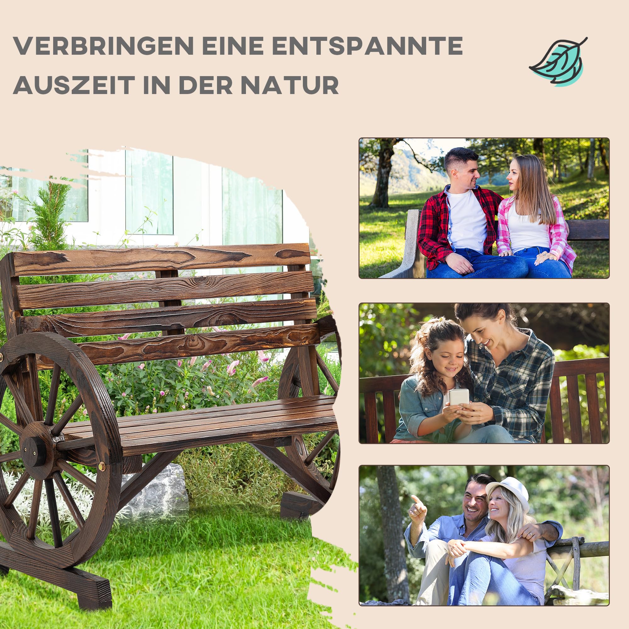 Outsunny 2-Sitzer Gartenbank, wetterfest Sitzbank, Gartenmöbel mit Rücken, Armlehnen im Rädernform Parkbank 240kg belastbar, Balkonbank, Holzbank für Balkon, Garten, 105,5 x 56 x 79 cm, Braun