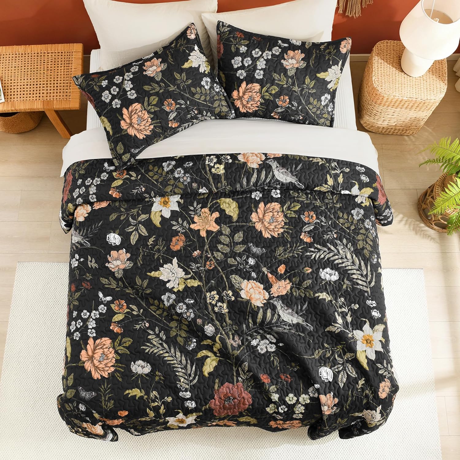 Litanika Floral Black Quilt California King Size - 3 Pieces Cal King Botanical Birds Pattern Quilt Bedding, Lightweight Soft Coverlet for All Seasons (112"x104")