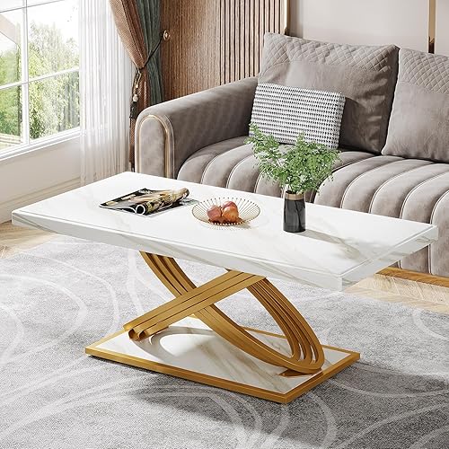 Tribesigns Modern Gold Coffee Table, Faux Marble Cocktail Table for Living Room, 47 Inches Rectangular Accent Table Center Tea Table with Geometric Metal Frame, White and Gold