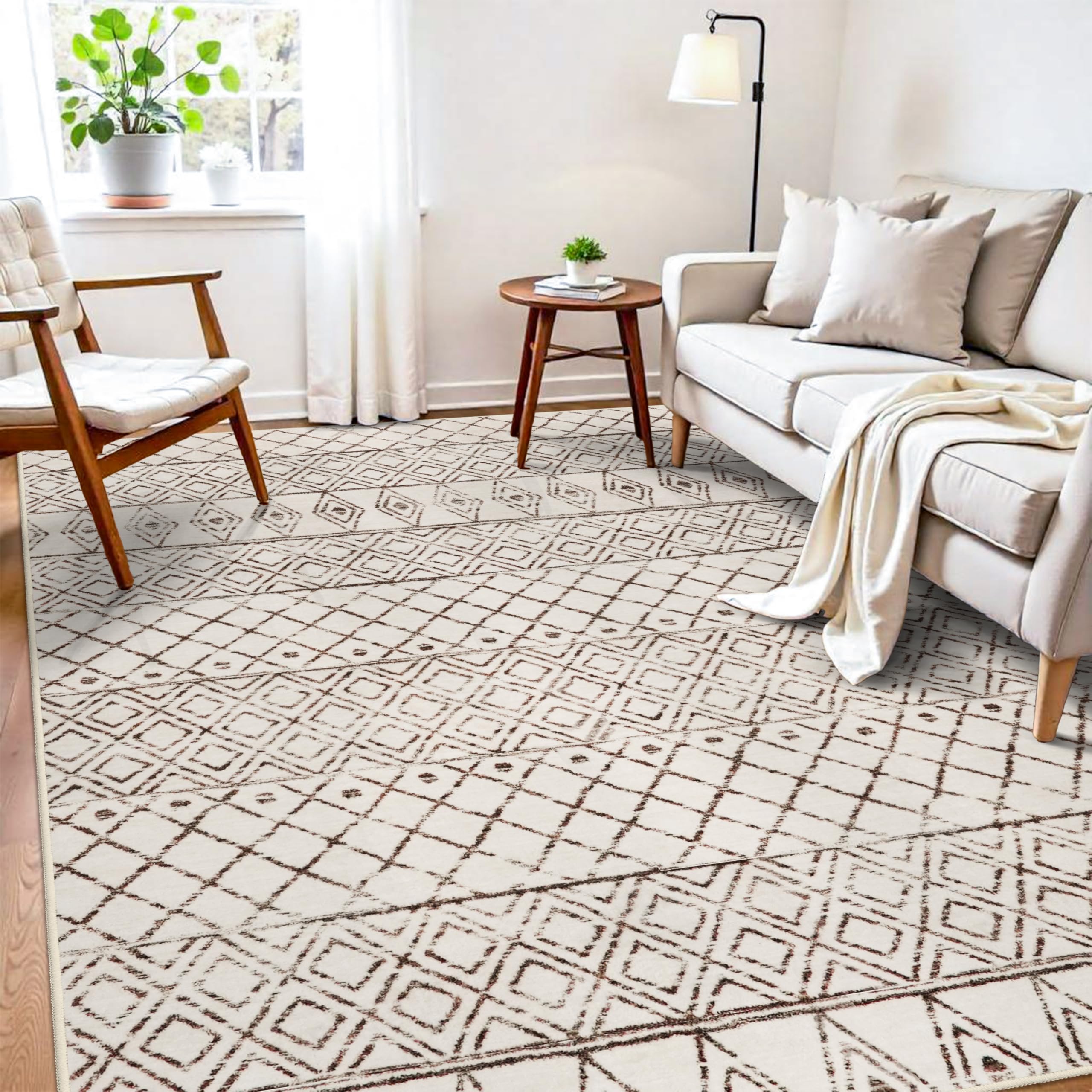 BYYVOO 7x9 Area Rug for Living Room - Washable Rugs Moroccan Non-Slip Pet Friendly Stain Resistant Carpets for Bedroom Soft Low Pile Rug 7x9 Geo Beige