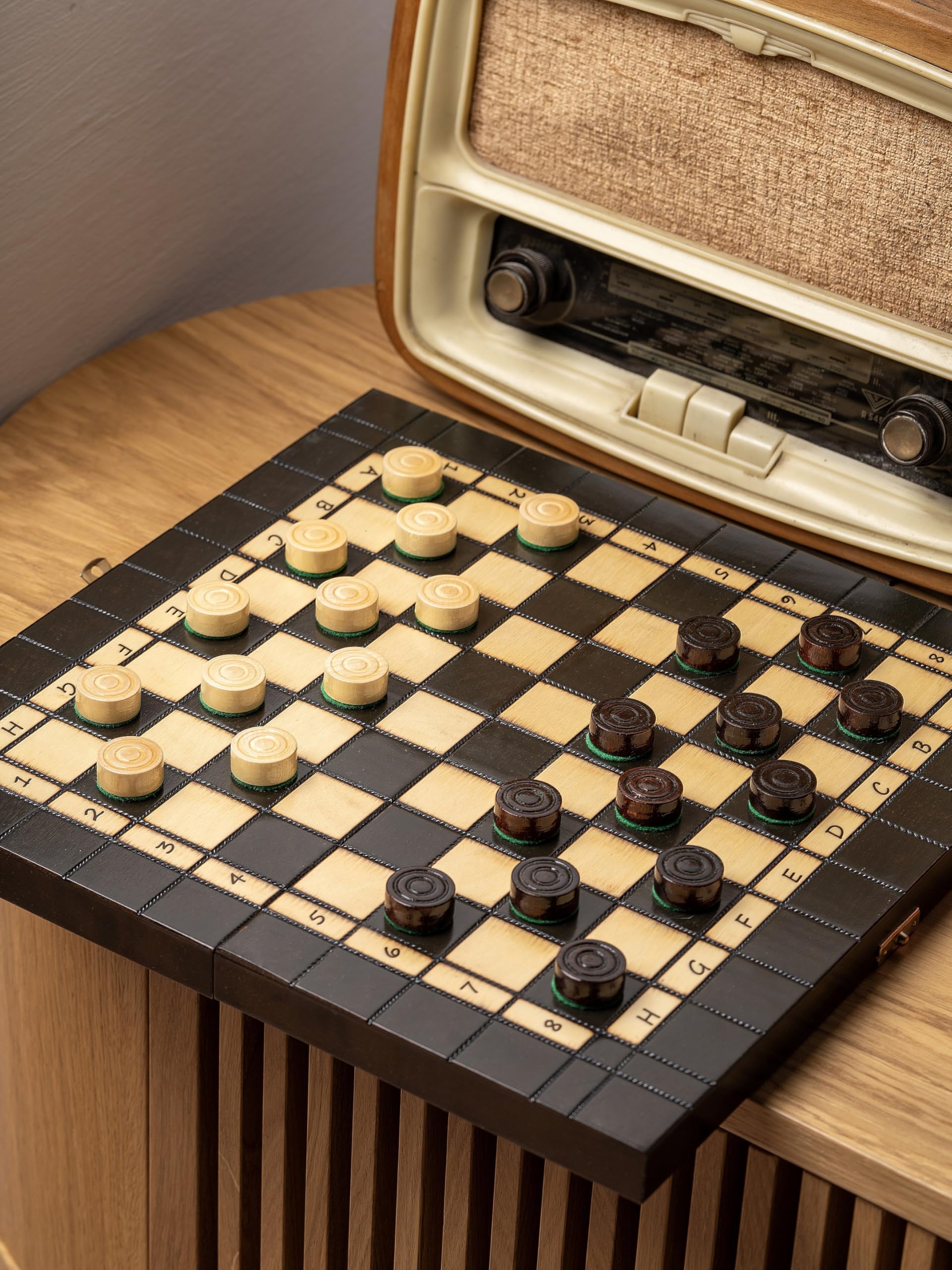 Sunrise Chess & Games - Scacchi e dama gioco in legno 2 in 1 35 x 35 cm - Piccola scacchiera pieghevole con pezzi in carpino
