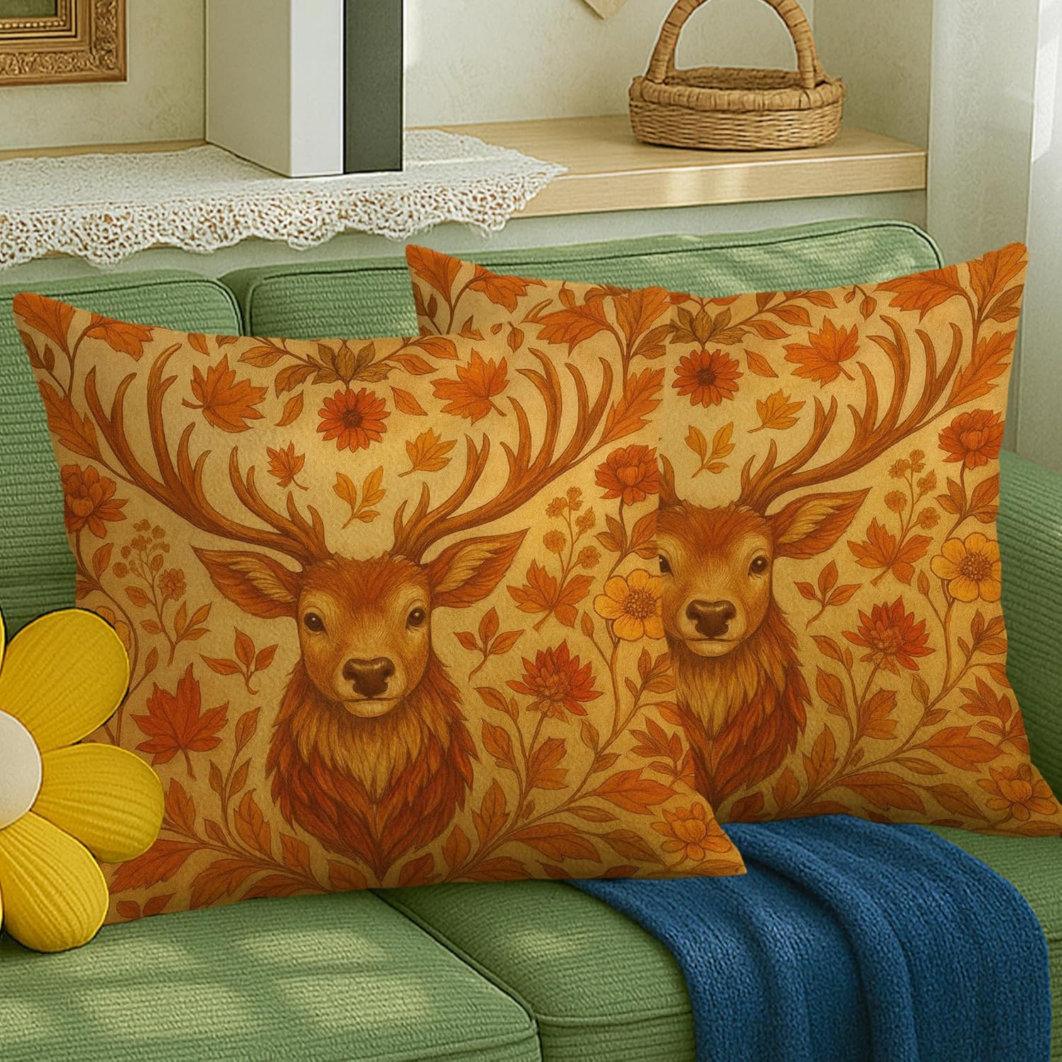 Floral and Fall Leaves Autumn Deer Throw Pillow Cover Set of 2, Decorative Cushion Covers for Home Sofa Bed Couch Decor, Orange, 24x24 Inch