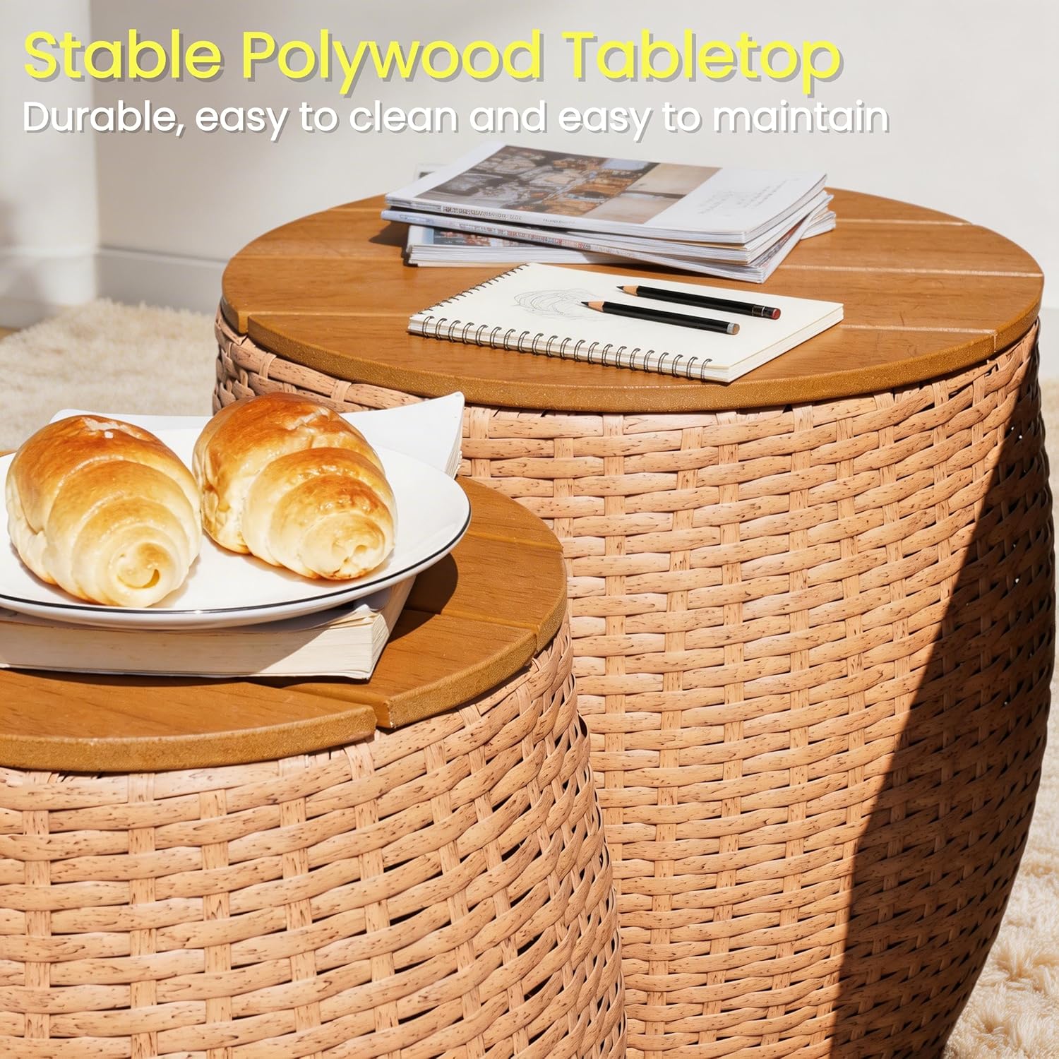 Round Side Table Set of 2, Rattan End Tables with Storage, Multifunctional Nesting Barrel Side Tables for Living Room, Bedroom