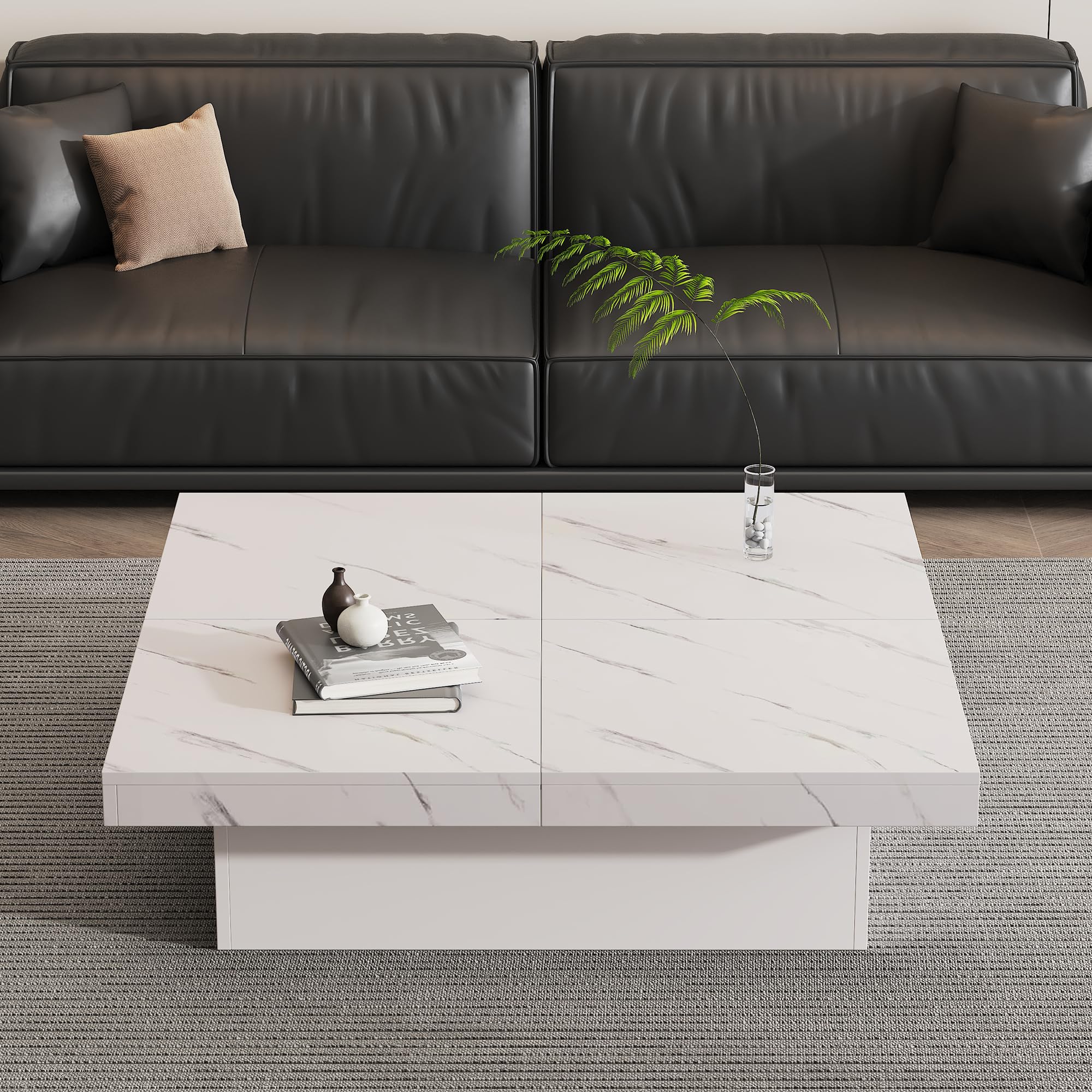 BTM Moderner Weißer Quadratischer Couchtisch mit Marmor-Optik, 90 x 90 x 25 cm – Vier Schubladen, Schiebbarer Tischplatte, Belastbar bis 30 kg
