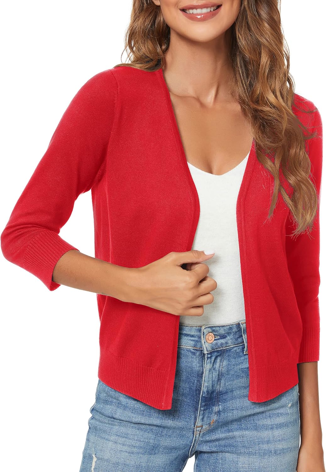 Urban CoCo Women's 3/4 Sleeve Shrugs Open Front Cropped Sweater Cardigan - Image 2