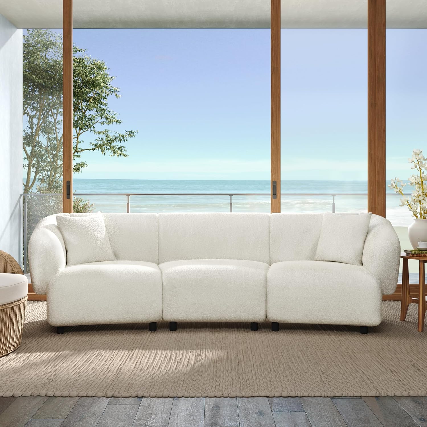 Merax 98.5" Modern 3 Seater Curved Sofa, Luxury Boucle Fabric Sofa, Minimalist Cozy Cloud Couch for Living Room, Bedroom, Apartment, Home Office, Beige