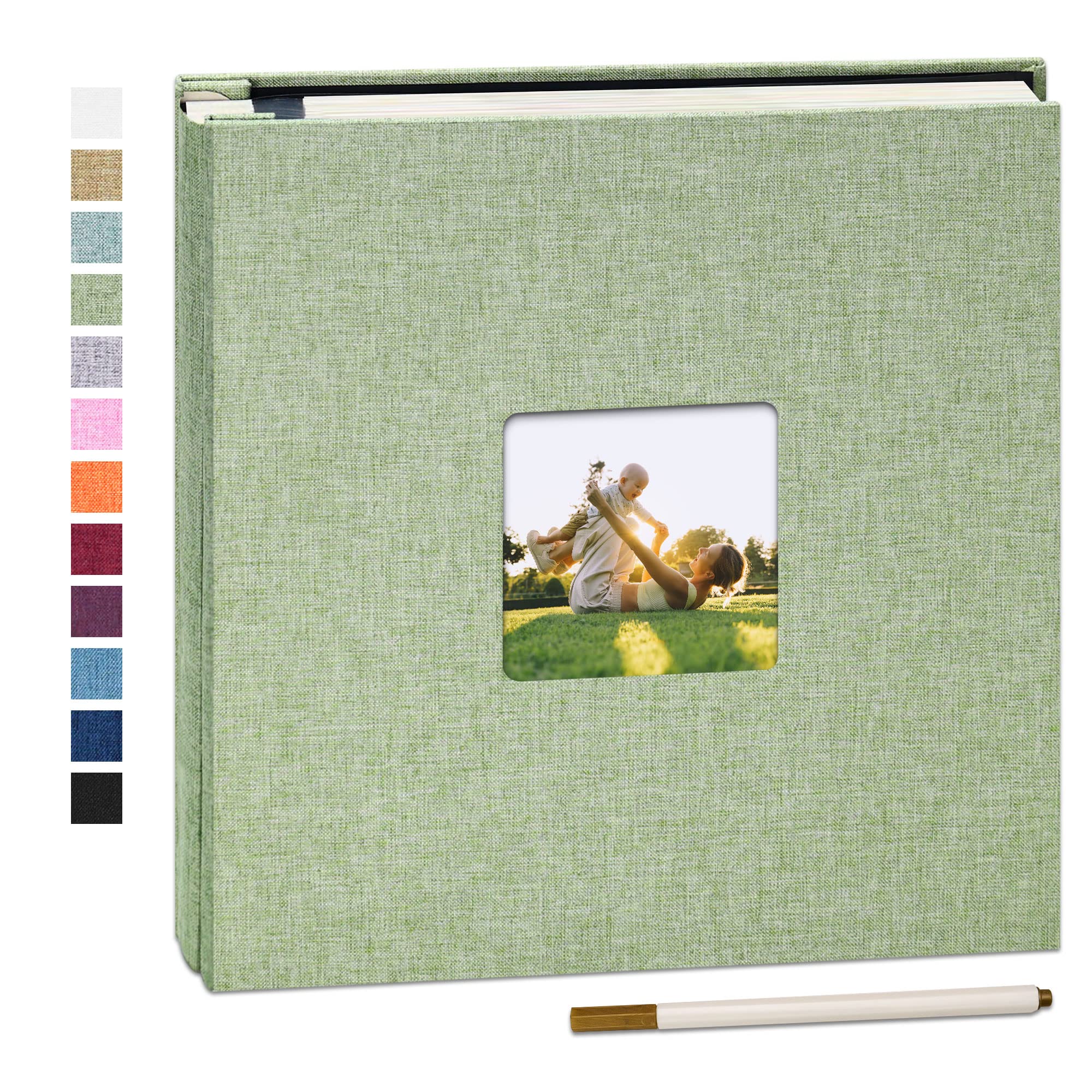 Yopih Grassgreen Self Adhesive Photo Album 28X27cm Fits 10X15 8X13 13X18 15X20 20X25 Cm Photo Scrapbook With Window 40 Pages Linen Cover With A Metallic Pen Diy Memory Book For Baby Wedding Family