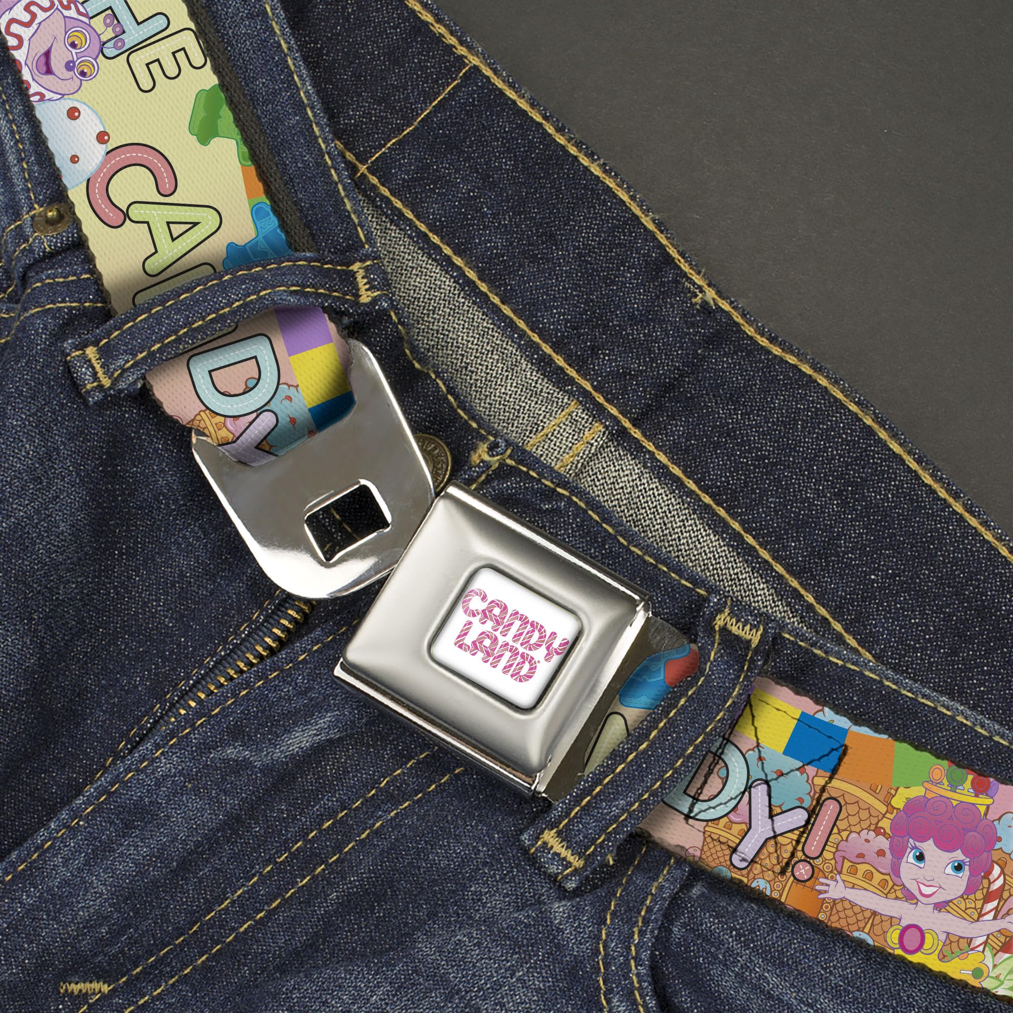 Hasbro Belt, Seatbelt Buckle Belt, Candy Land Take Me To The Candy Character Collage Multi Color, 24 to 38 Inches
