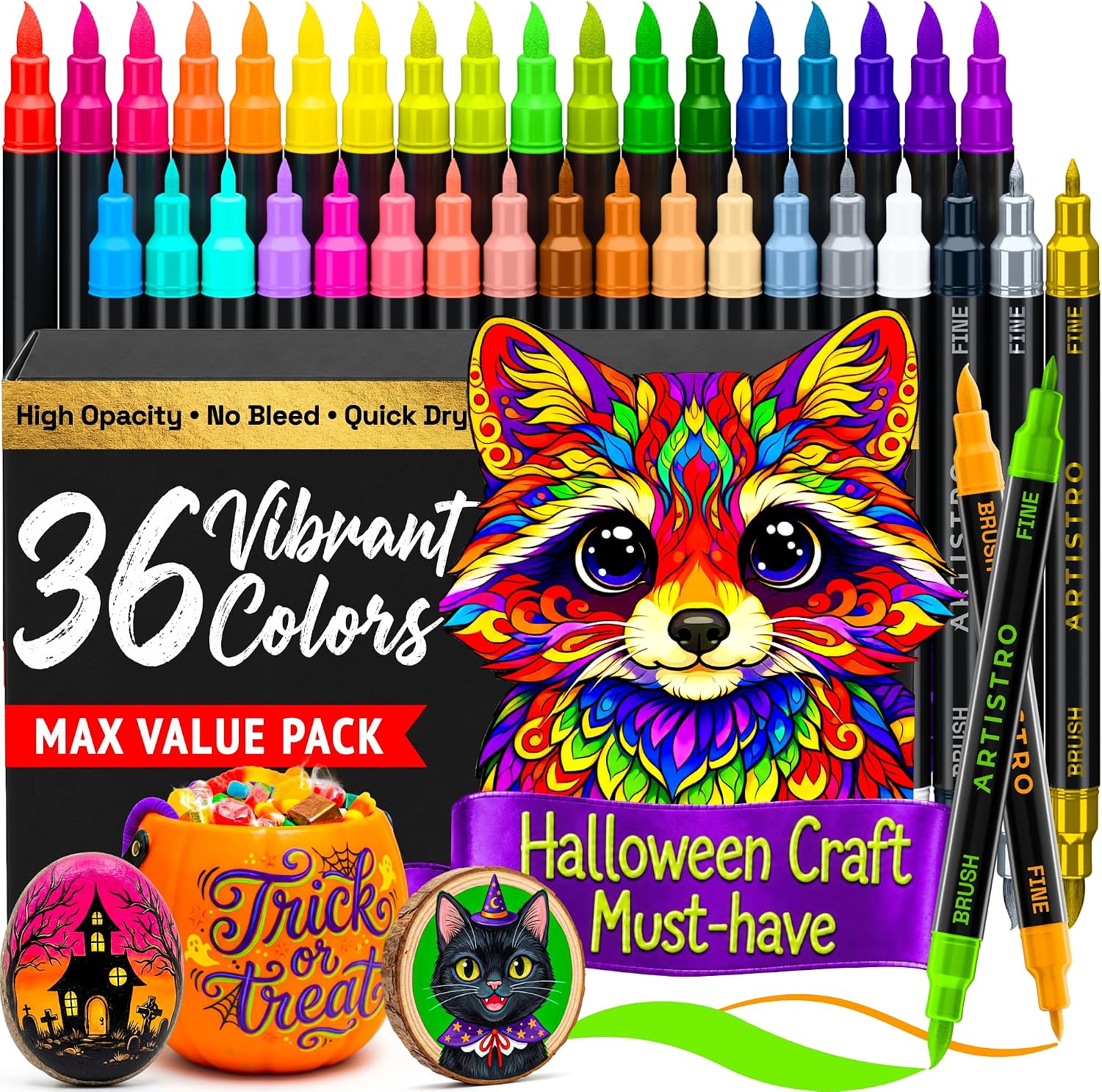 ARTISTRO 36 Multicolor Dual-Tip Acrylic Paint Marker Pens for Drawing | For Fabric, Rock, Glass, Wood, Arts & Crafts Gift for Adults, Teens & Kids, Pumpkin Decorating Kit & Halloween Crafts