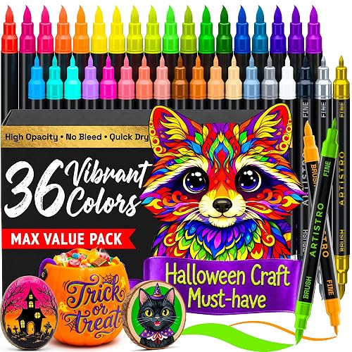 ARTISTRO 36 Multicolor Dual-Tip Acrylic Paint Marker Pens for Drawing | For Fabric, Rock, Glass, Wood, Arts & Crafts Gift for Adults, Teens & Kids, Pumpkin Decorating Kit & Halloween Crafts