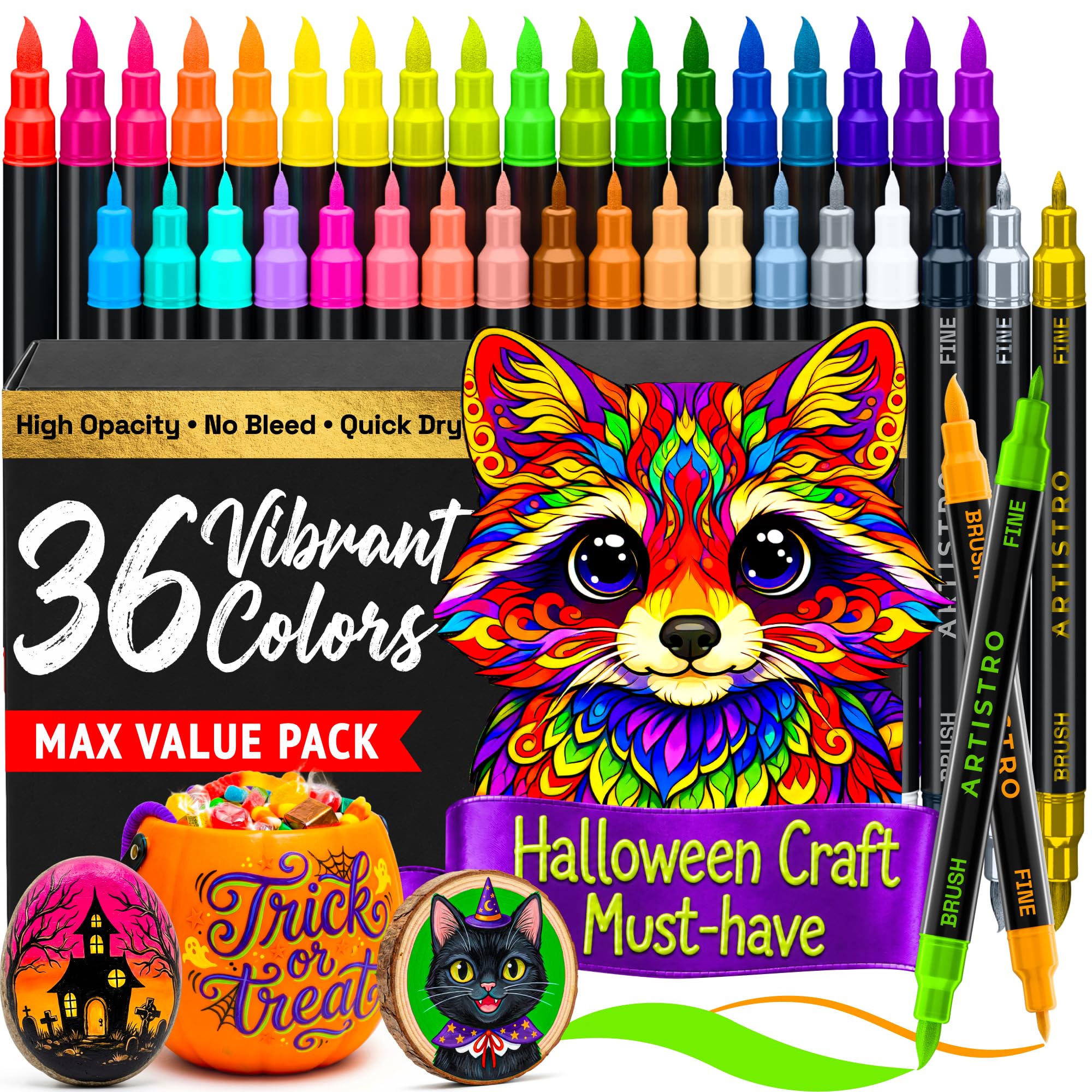 ARTISTRO 36 Multicolor Dual-Tip Acrylic Paint Marker Pens for Drawing