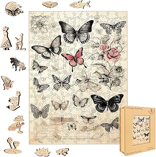 Bodhipnjoy Wooden Butterfly Puzzles for Adults, Vintage Butterfly Flower Jigsaw Puzzle 200 Pieces, Unique Shaped Plants Puzzles for Kids, Christmas Puzzles Family Game Gift 8.9 * 12 in