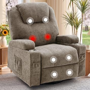 Korser Recliner Chair, 360 Manual Swivel Rocker Chair with Overstuffed Headrest, Rocking Chair with Massage and Heating, Lounge Chair with Cup Holders for Living Room, Bedroom, Nursery, RV, Chenille