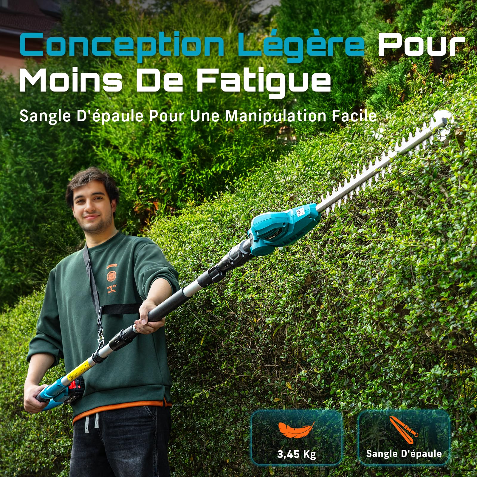 SEESII Taille Haie Electrique Telescopique 2,6 m, Taille-Haies Électriques avec Lame Double Action 40 cm, 2 * Batteries 4,0Ah, Tête Pivotante 135° Réglable, pour Haies Hautes et Arbustes Denses