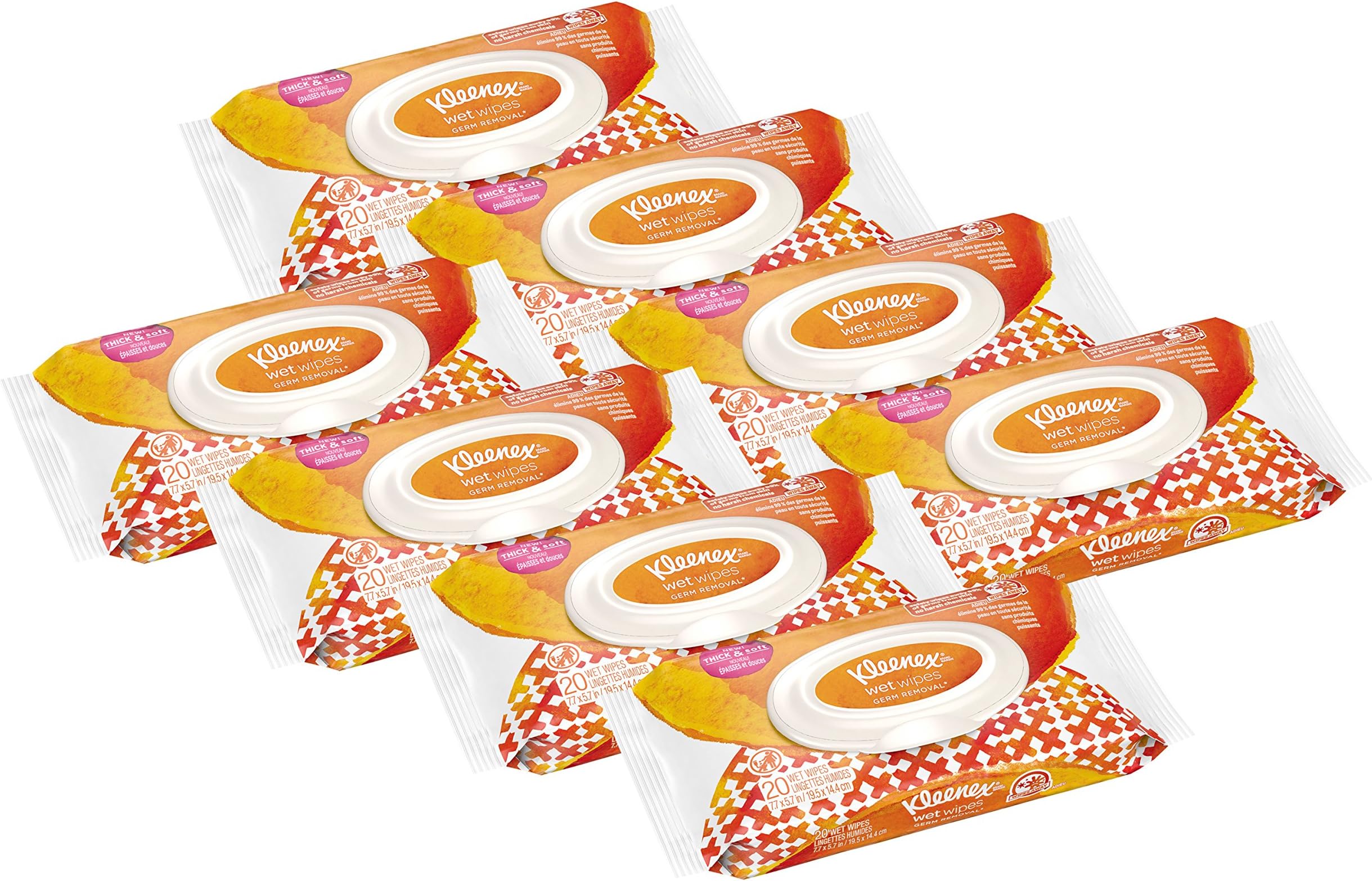 Kleenex Wet Wipes Germ Removal Clean For Hands, 8 Flip-Top Packs, 20 Count (Pack of 8) (160 Wipes Total)