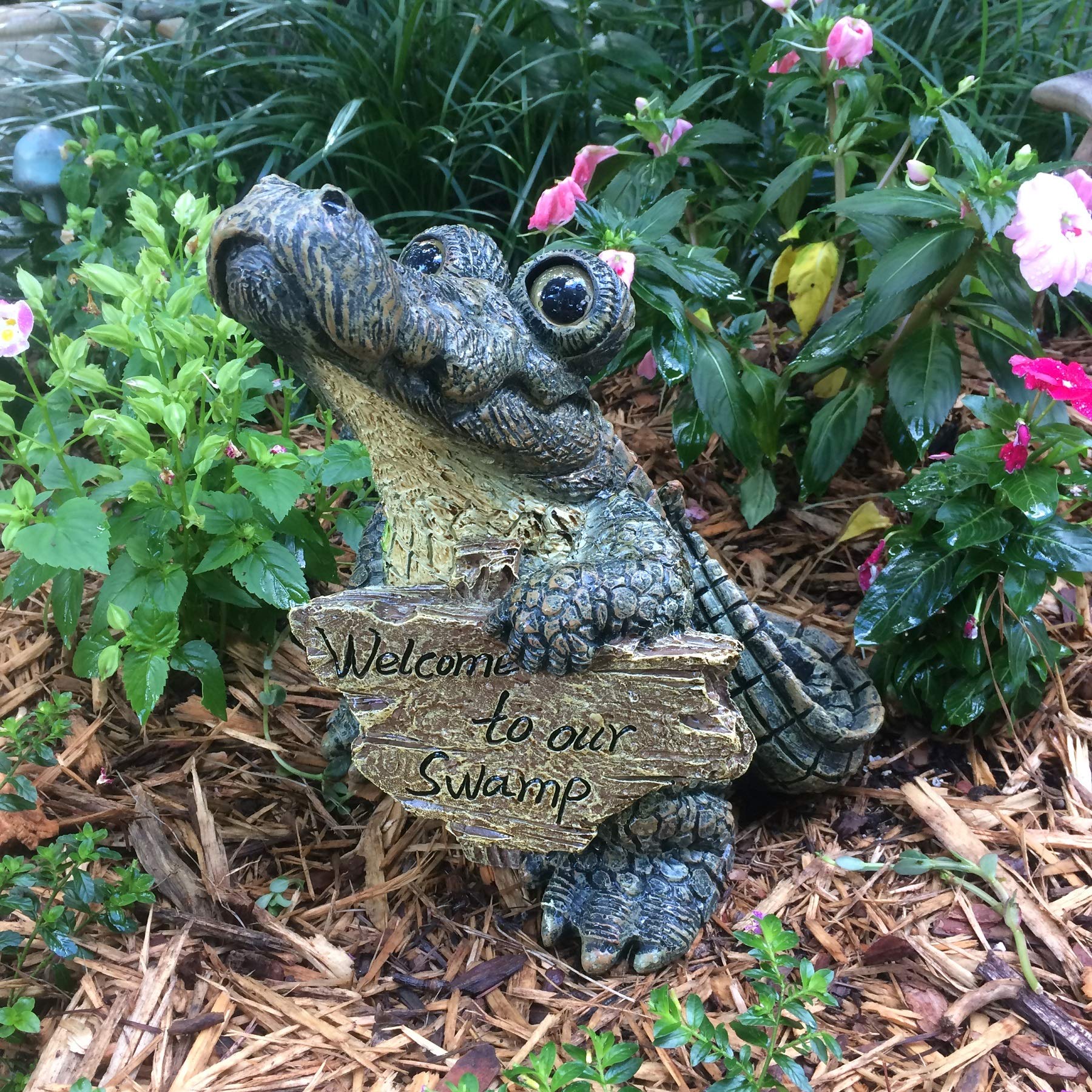 Toad HollowLarge Standing Gator with Welcome to Our Swamp Sign Alligator Statue 11" H