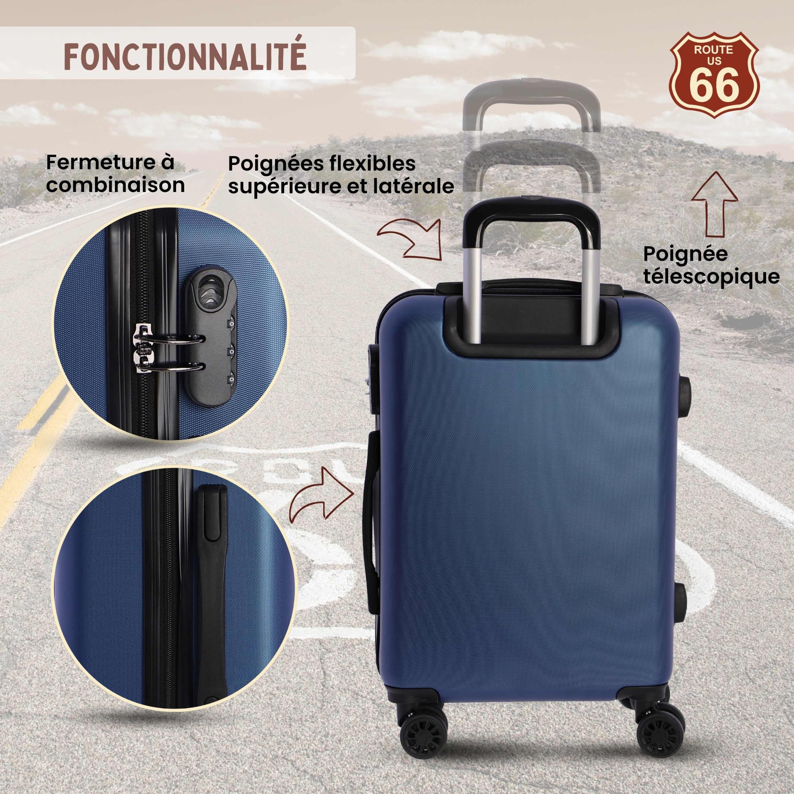 Route 66 - Walizka kabinowa 55x40x20 sztywny ABS 4 koła - bagaż samolotowy | Lekka twarda walizka, bagaż podręczny Ryanair, walizka na 4 kółkach, torba kabinowa samolotu, walizka podróżna na kółkach