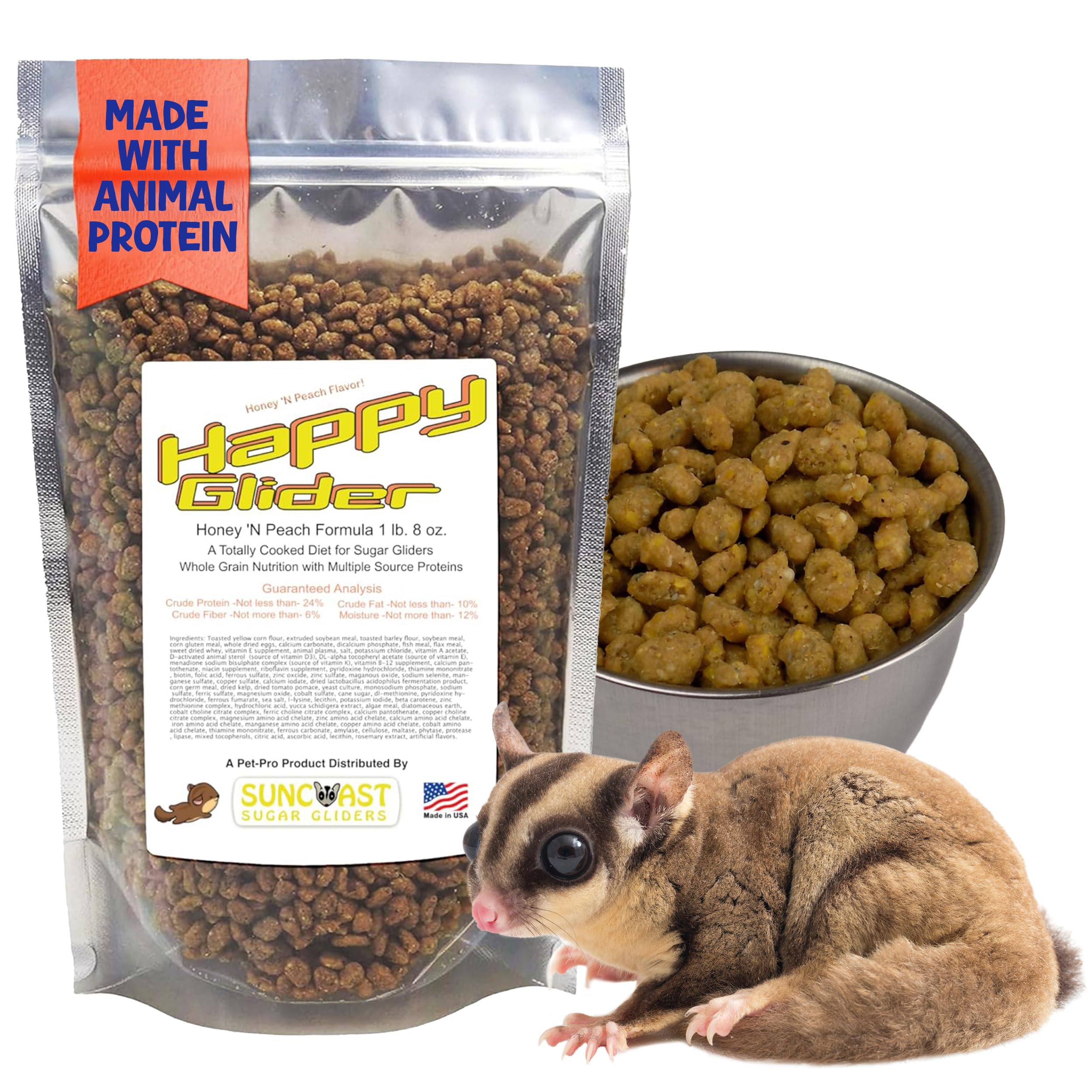 Suncoast Sugar Gliders - Happy Glider Premium Sugar Glider Food - High Protein, Calcium and Vitamins, Complete Nutrition for Small Animals and Exotic Pets, 2 Months Supply - Honey & Peach, 1.5 lbs