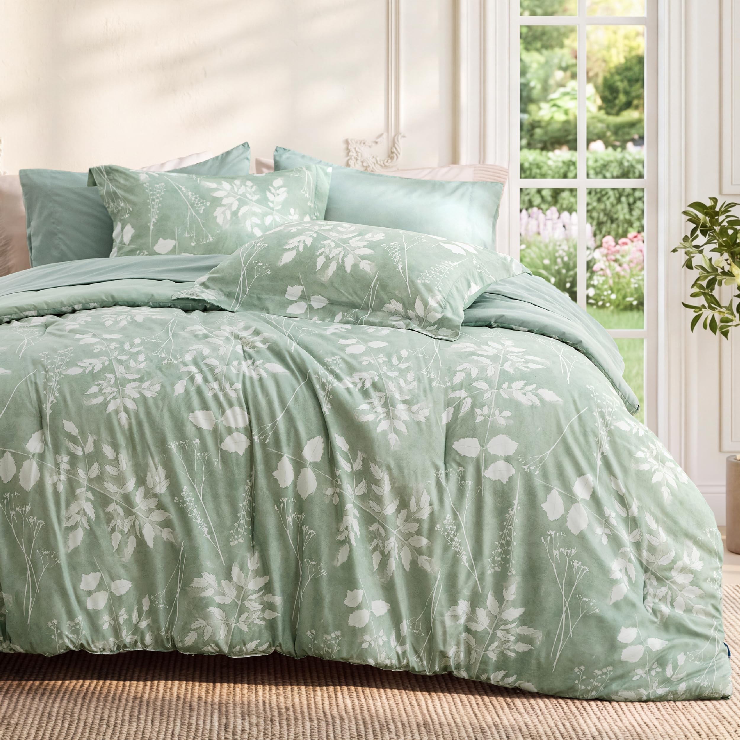 Bedsure Floral Sage Green Queen Comforter Set