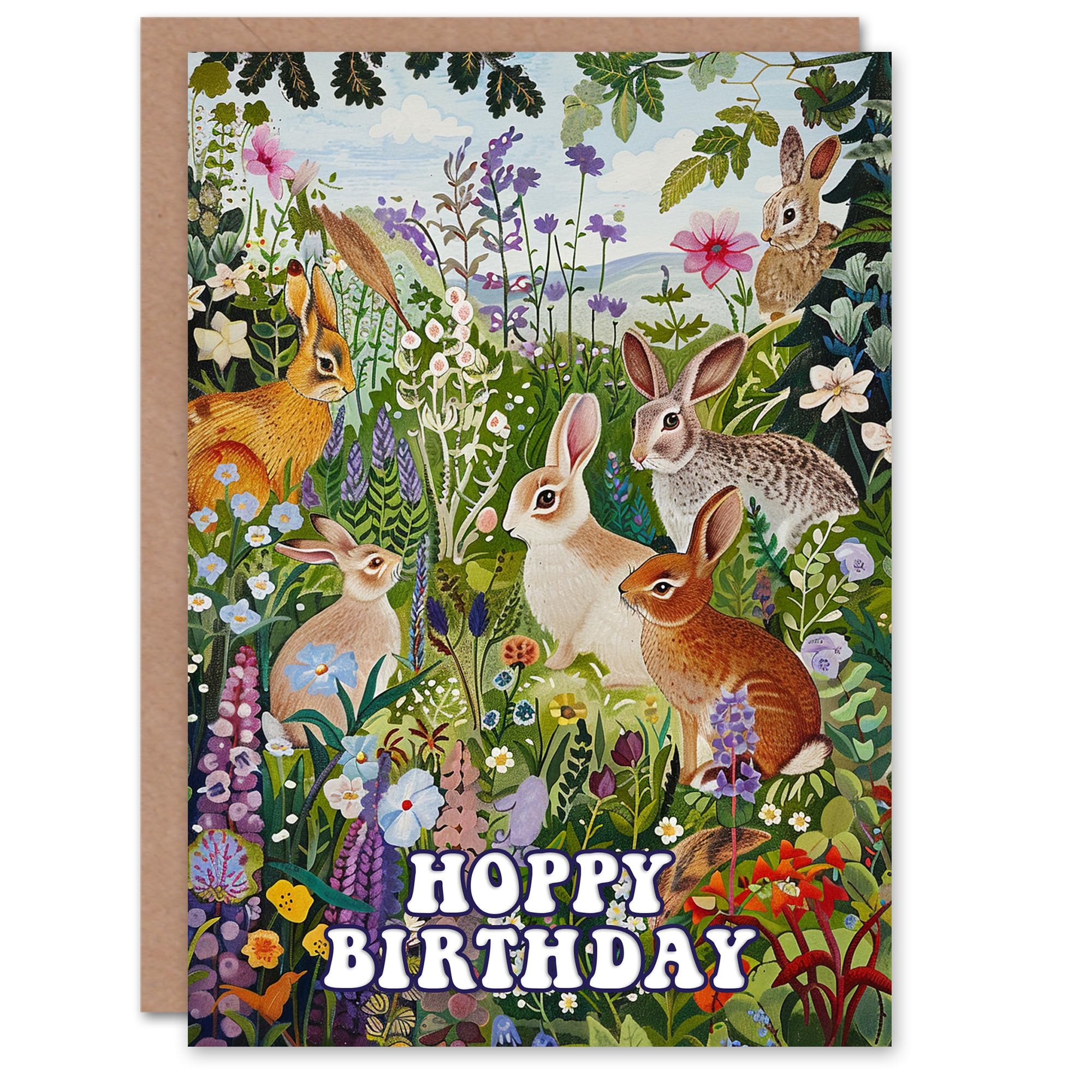 Artery8 Birthday Card Hoppy Cute Bunny Rabbits in Flower Meadow For Her Gran Sister Niece Daughter Wife Woman Greeting Card