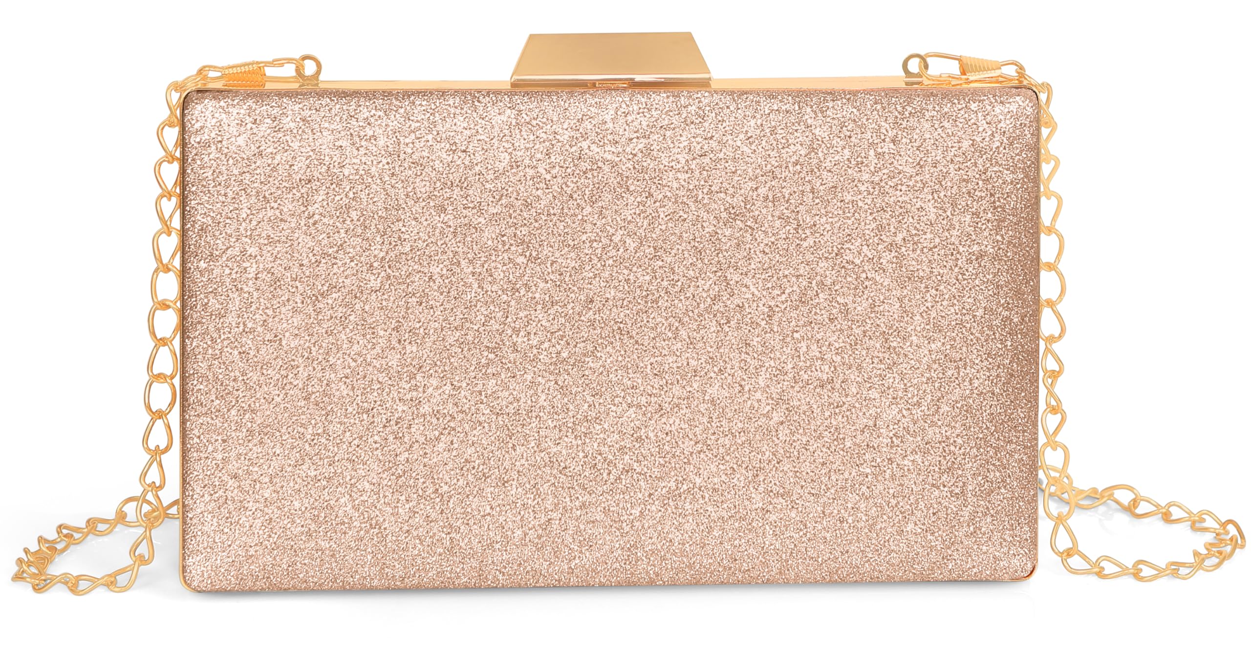 MISHA Shimmer Grace Clutch Bag with Crystal Leaf Accent, Glitter Finish, and Detachable Chain (ROSE GOLD) 1