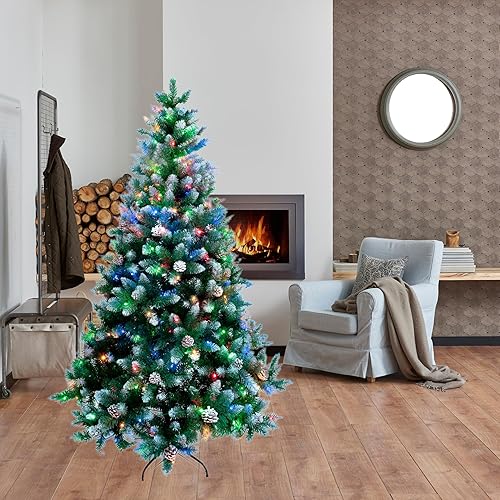 Miniatura 6 de Prelit - Árbol de Navidad artificial flocado en aerosol blanco con decoración de cono de pino, 6 pies