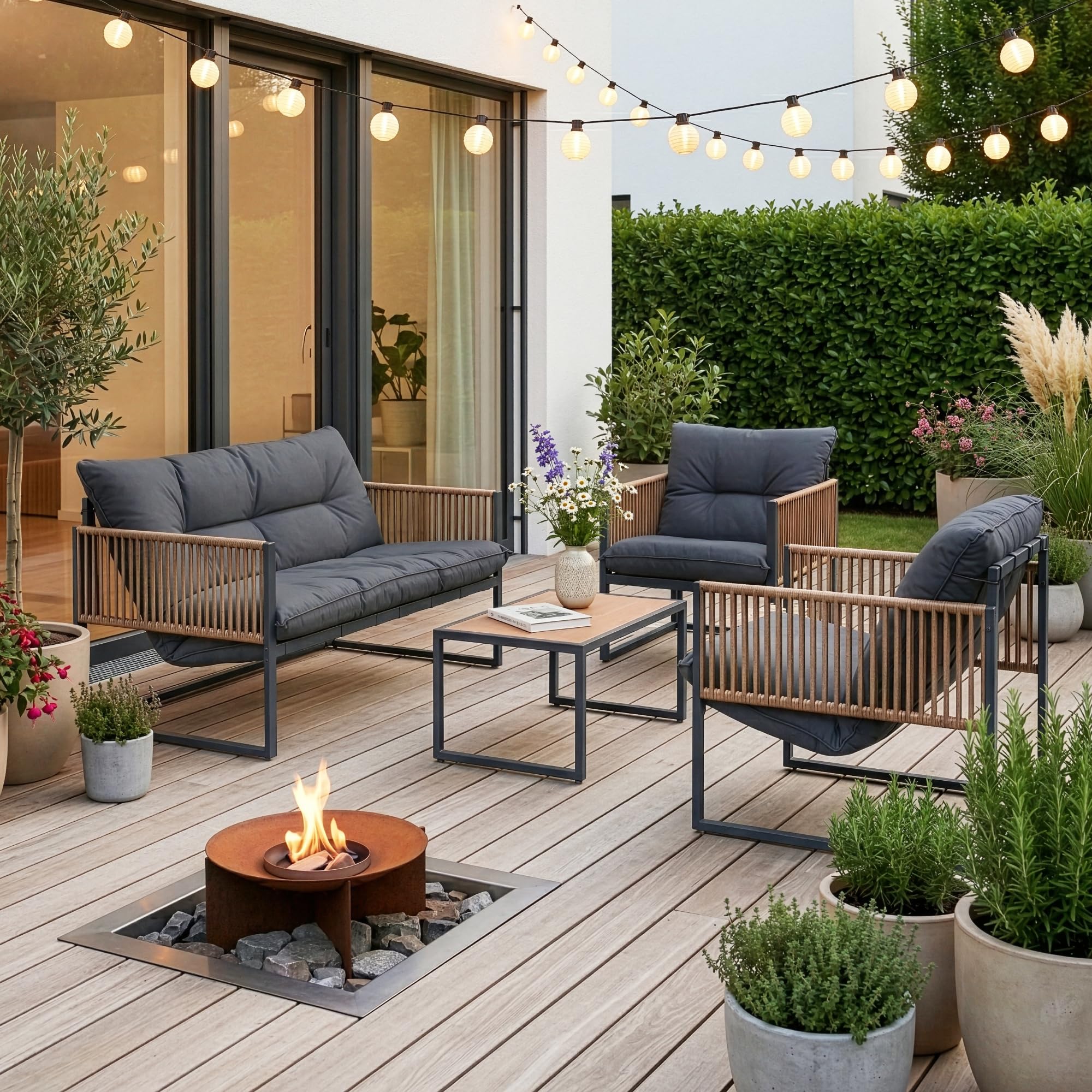 casa.pro Gartenmöbel Set Karg 4-TLG. Balkonmöbel Gartenlounge Outdoor Sitzgruppe mit Couchtisch Gartenbank und 2 Gartensessel Kissen wetterfest Stahlgestell Dunkelgrau/Rattanoptik