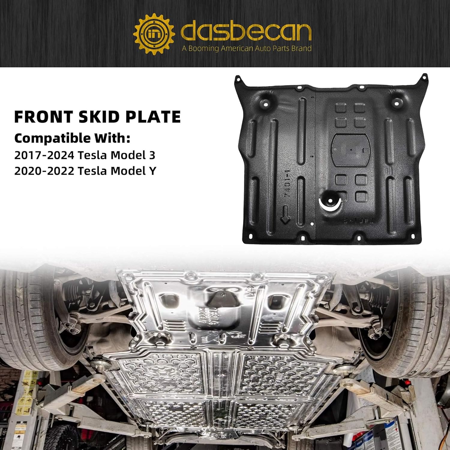 Dasbecan Front Skid Plate Compatible with Tesla Model 3 2017-2024 Model Y 2020-2024 Under Engine Guard Cover Chassis Splash Guard