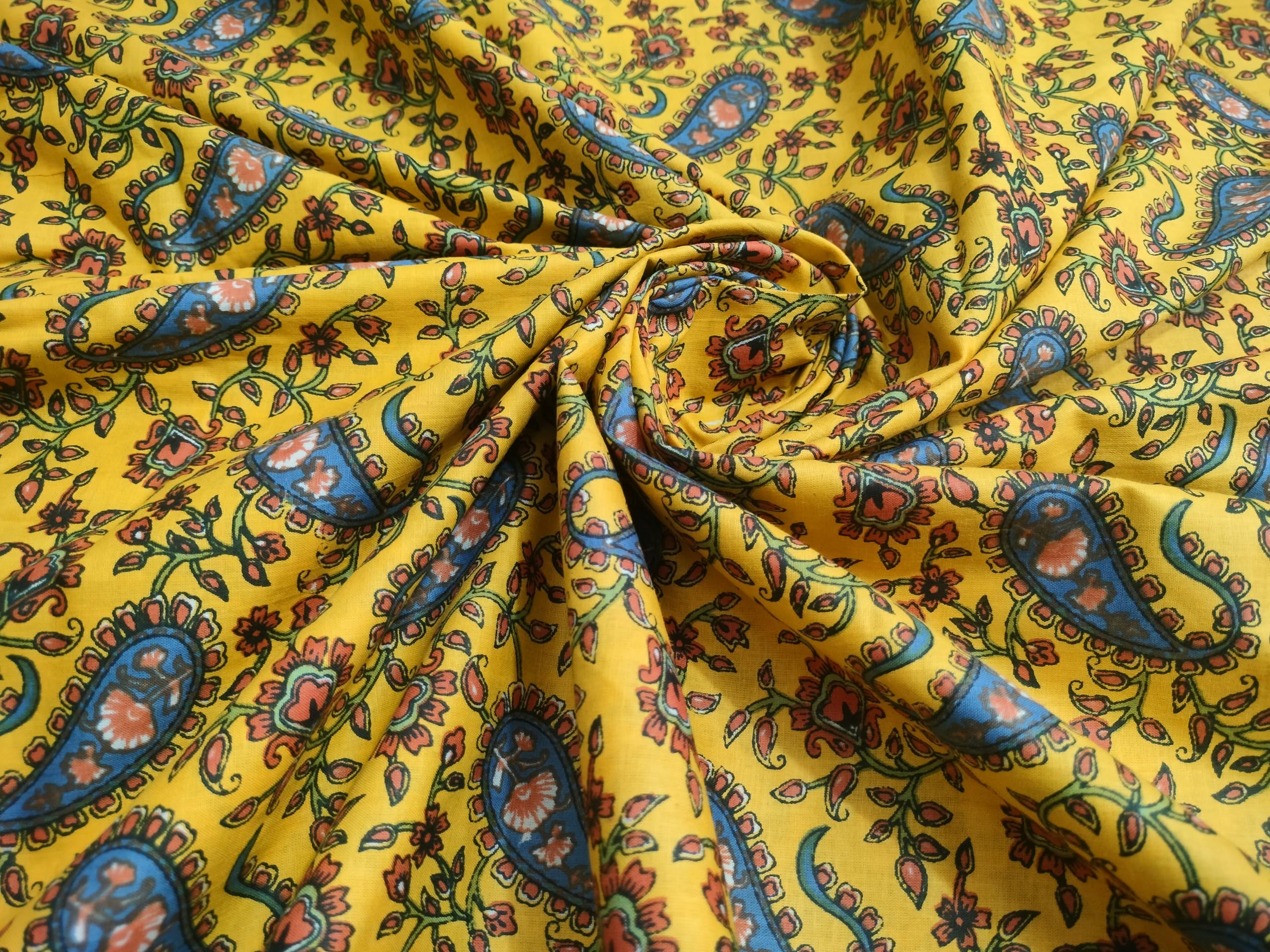 HARUSHA Floral Printed Cotton Cloth Materiel Blue Flower Fabric Running Jaipuri Hand Block Printed Women Dress Material Kurtis Natural 44 Inches Width 2.5 Meter (2.5 Meter, Yellow)-image-7