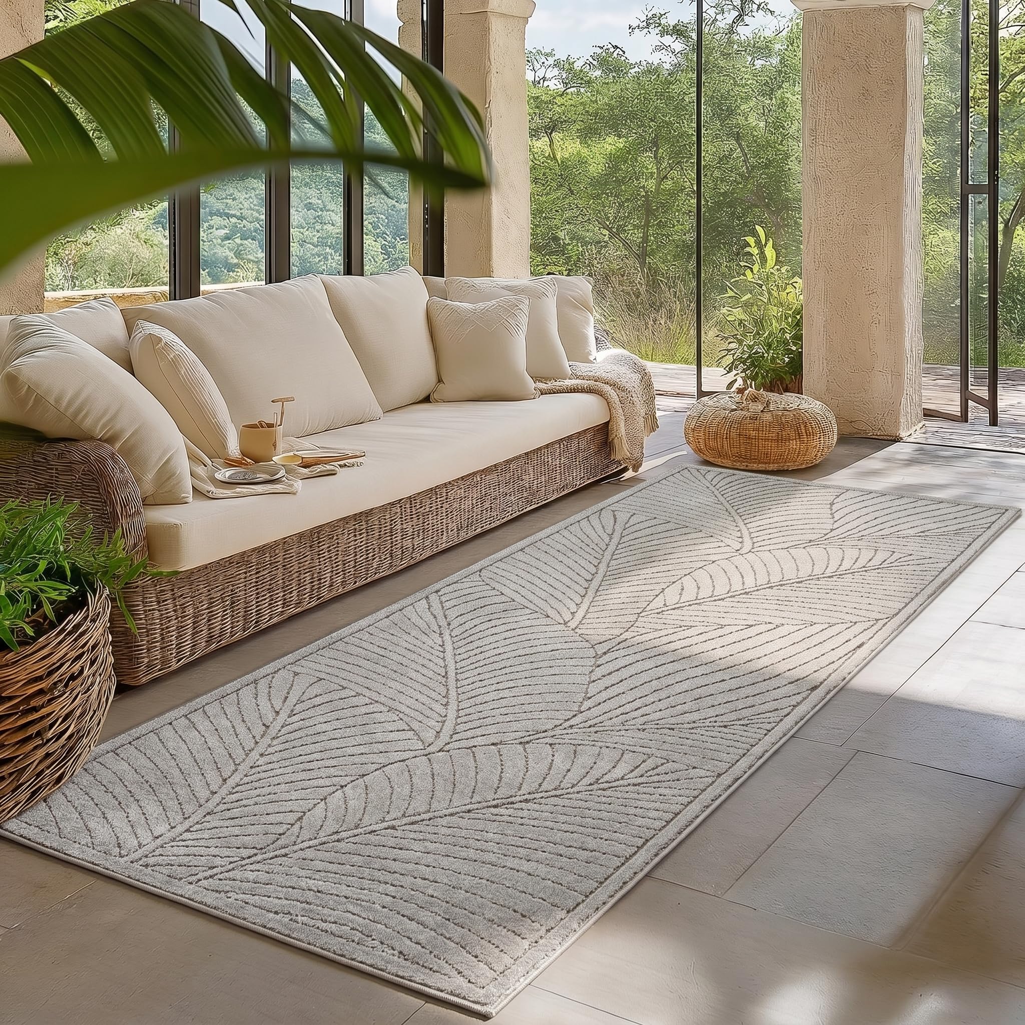 HomebyHome Kurzflor Teppich Wohnzimmer Schlafzimmer 3D Hoch-Tief-Effekt, Skandinavisch Boho Motiv, für Outdoor Bereich geeignet Terrassen oder im Balkon