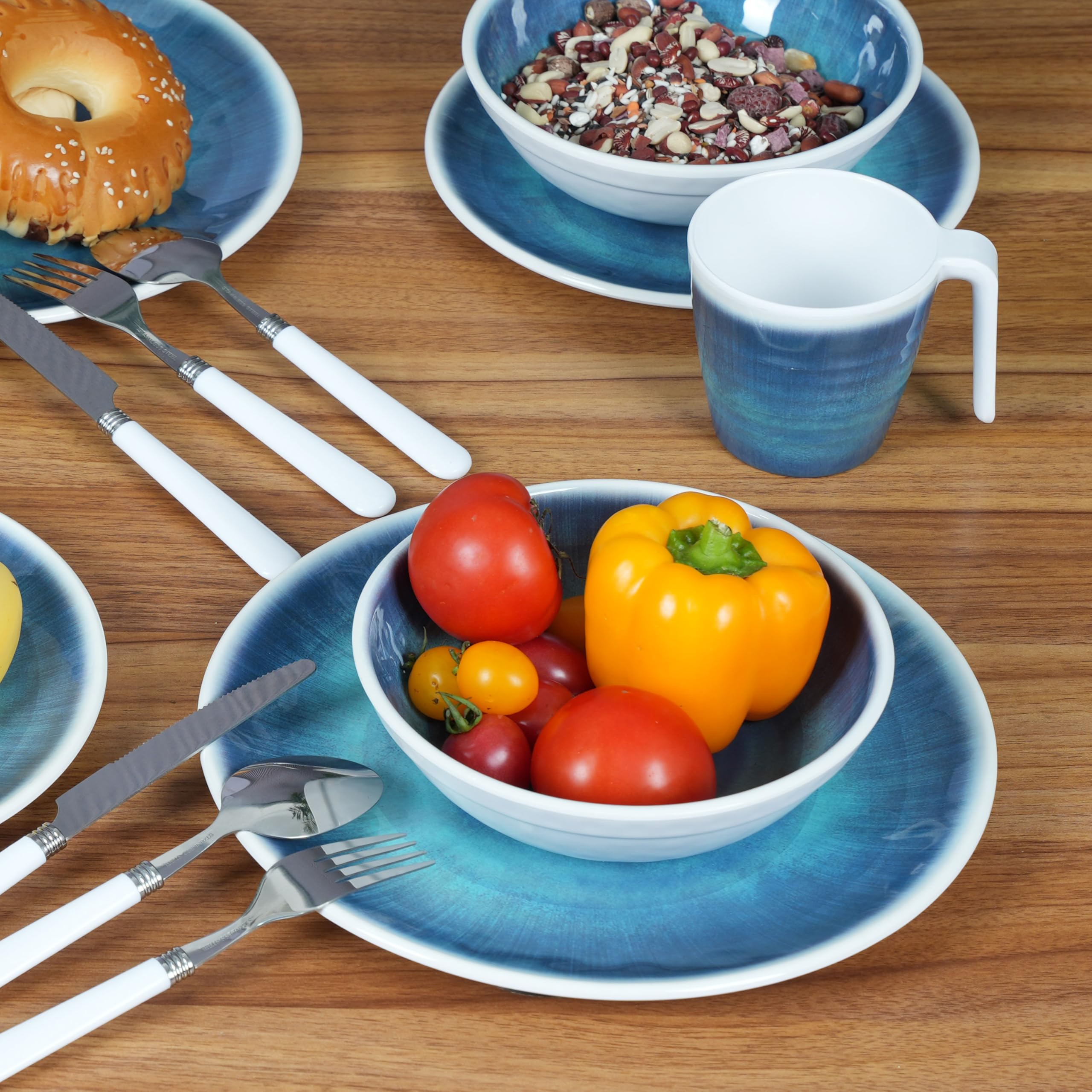 Melamin Geschirr Set Jesolo Blau für 6 Personen - Steingutoptik Spülmaschinengeeignet Essgeschirr Campingzubehör Campinggeschirr Wohnwagen Camping Festival Picknick Gartenparty