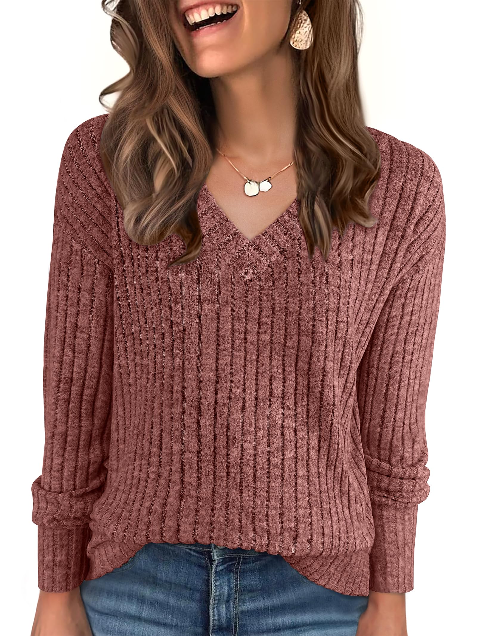 ANRABESS Long Sleeve Shirts for Women V Neck Casual Fall Tops Loose Fit Lightweight Sweaters Tunic Fashion 2025 Clothes Rust X-Small