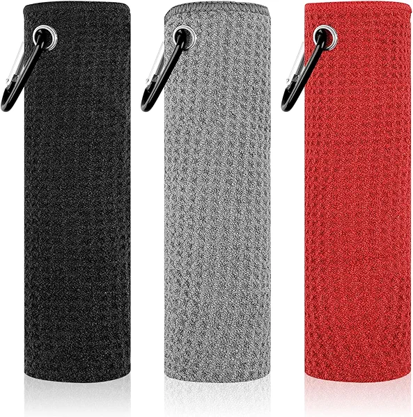 PEASUG 3 Pack Golf Towels (16" x 16"), Absorbent Waffle Pattern Golf Towel for Golf Bag, Tri-Fold Portable Microfiber Golf Towels for Men & Women with Carabiner Clip, Gray/Red/Black