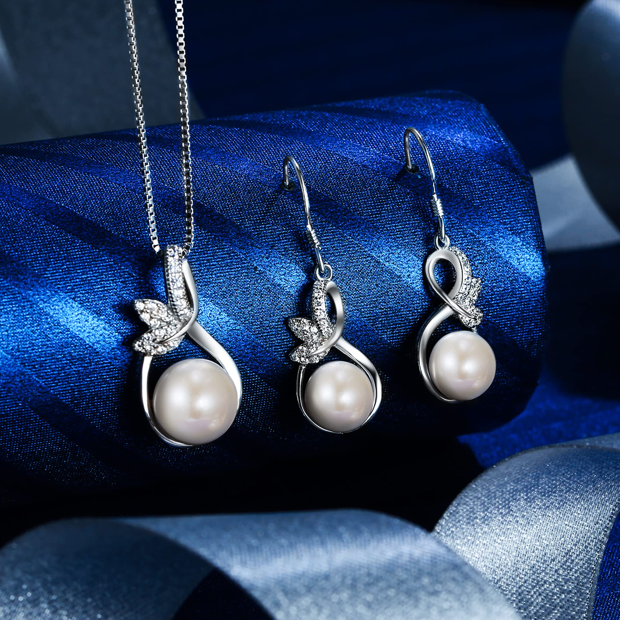 Mujer 925 de Plata Boda Nupcial Cúbica Zirconia Ivory Color Perla Cultivada de Agua Dulce Infinity Hoja Colgante Collar Hook Pendients Serie Claro