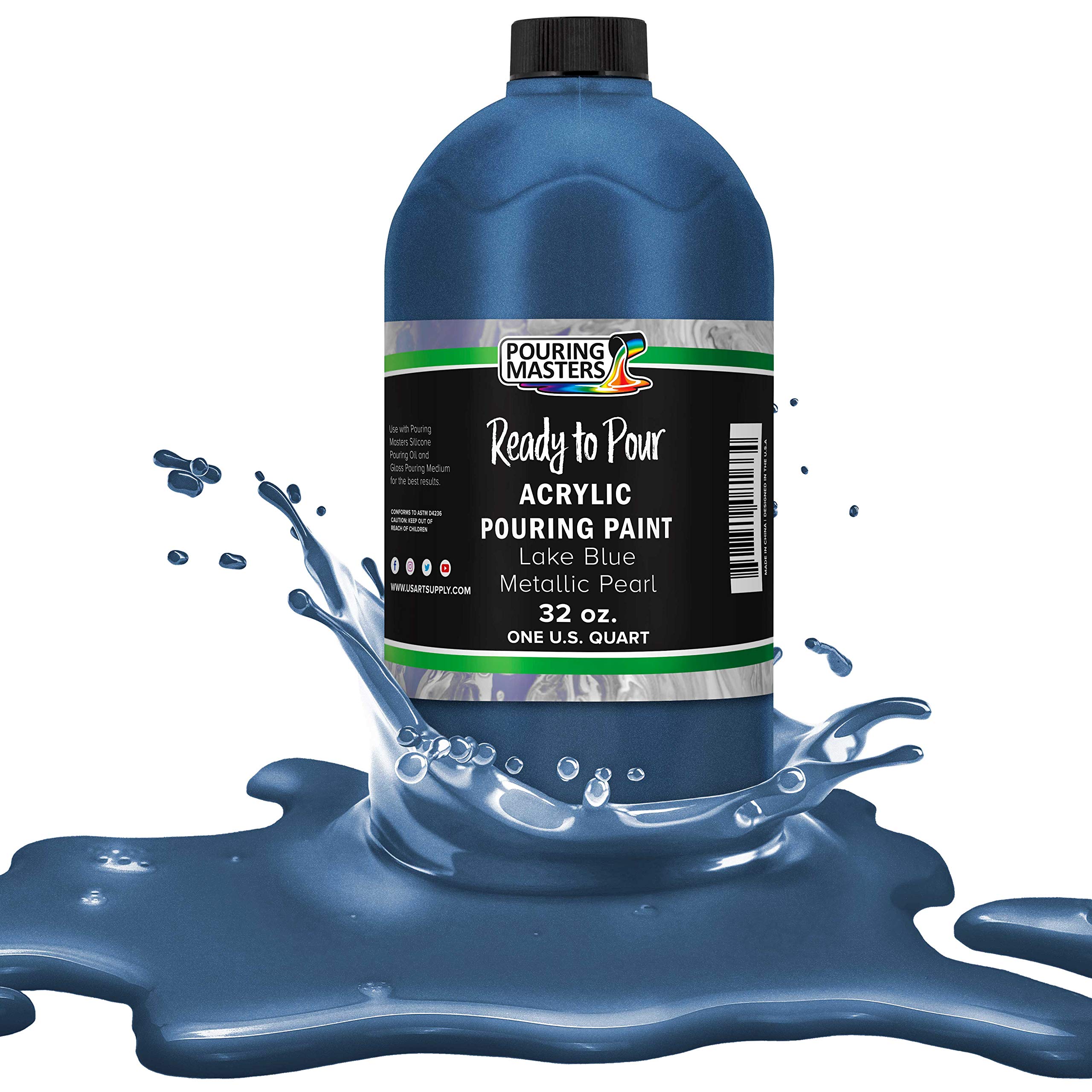 Pouring Masters Lake Blue Metallic Pearl Ready to Pour Acrylic Pouring Paint - Premium 32-Ounce Pre-Mixed Fluid Acrylic Paint - Fluid Art Supplies for