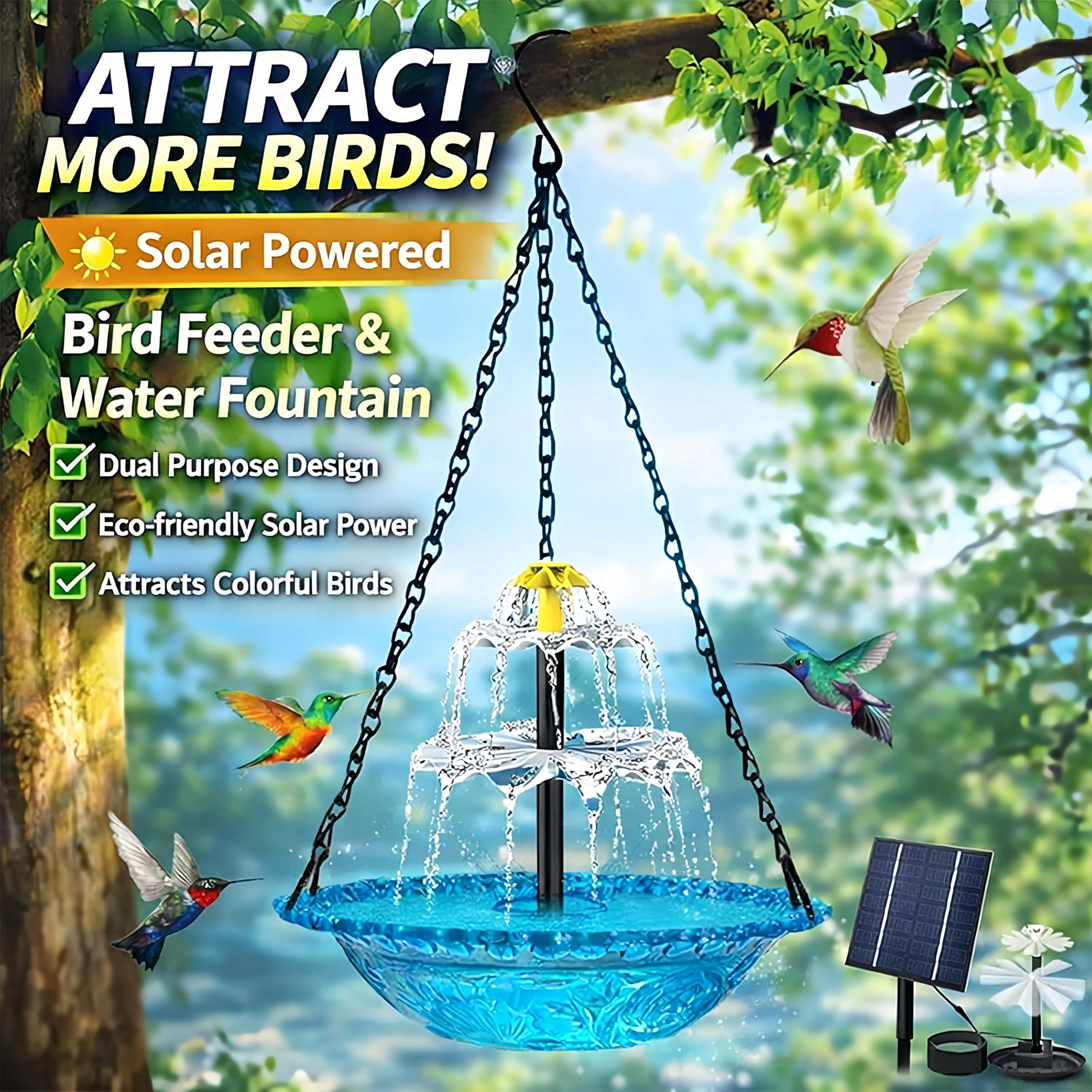 Fontana solare sospesa per uccelli, abbeveratoio e mangiatoia a cascata,decorazione da giardino resistente alle intemperie,facile da appendere,attrae uccelli e farfalle per giardino,cortile (BBB)