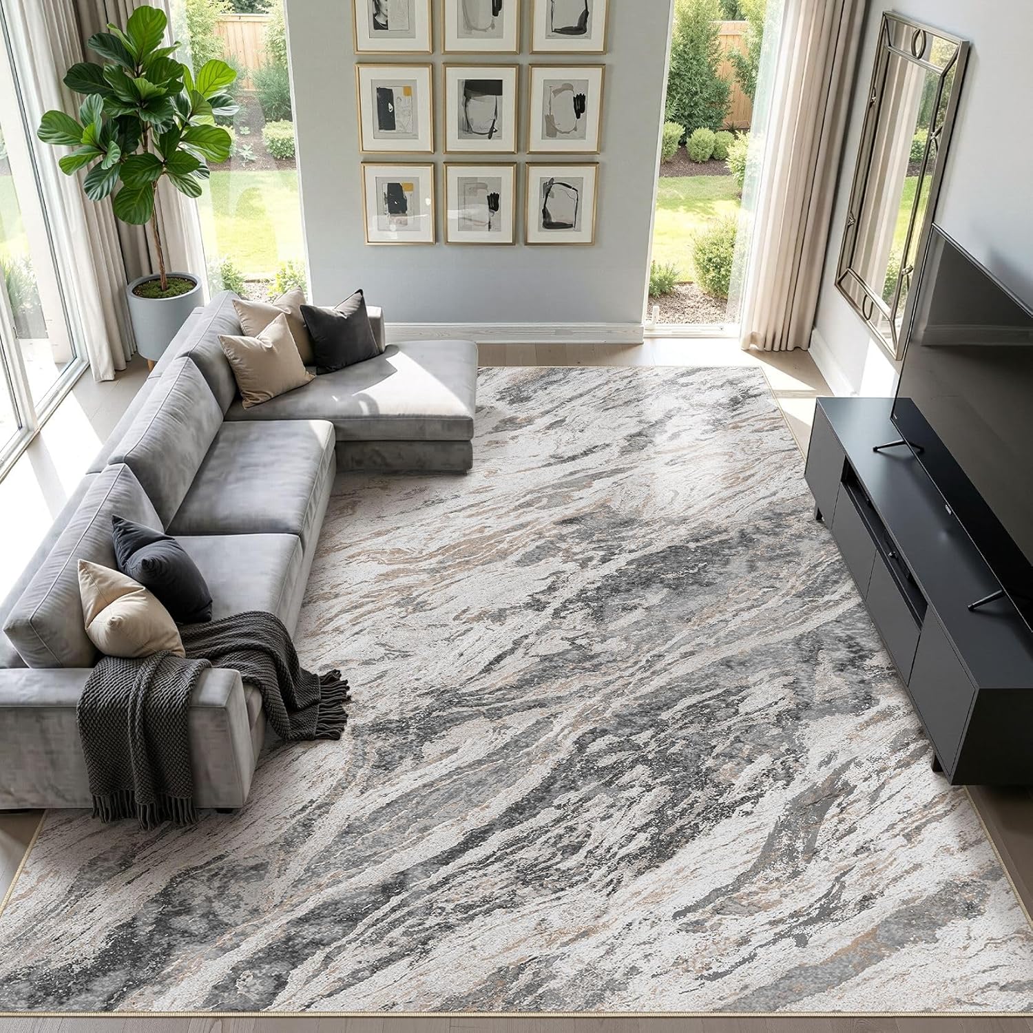 Area Rugs for Living Room: 5X7 Abstract Washable Rug Modern Neutral Large Soft Stain Resistant Non-Slip for Bedroom Dining Room Indoor Home Office Carpet - Taupe