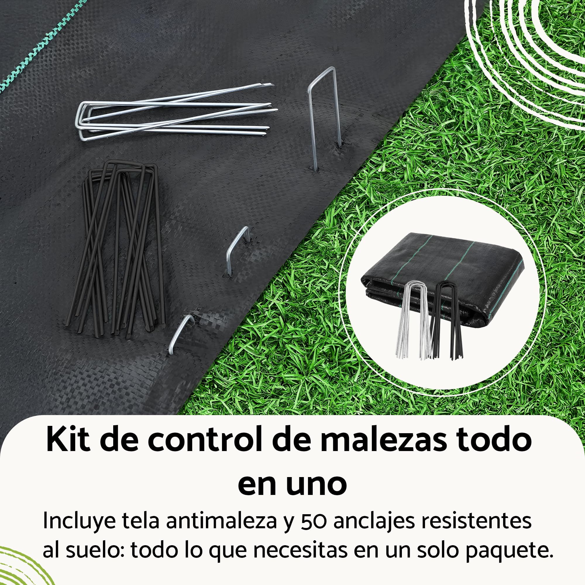 GARDENIX Fieltro para malas hierbas con 50 anclajes, 105 m² (2,1 m x 50 m), permeable al agua, 135 g/m², color negro, resistente a los rayos UV, tejido para malas hierbas, tejido para el suelo, tejido
