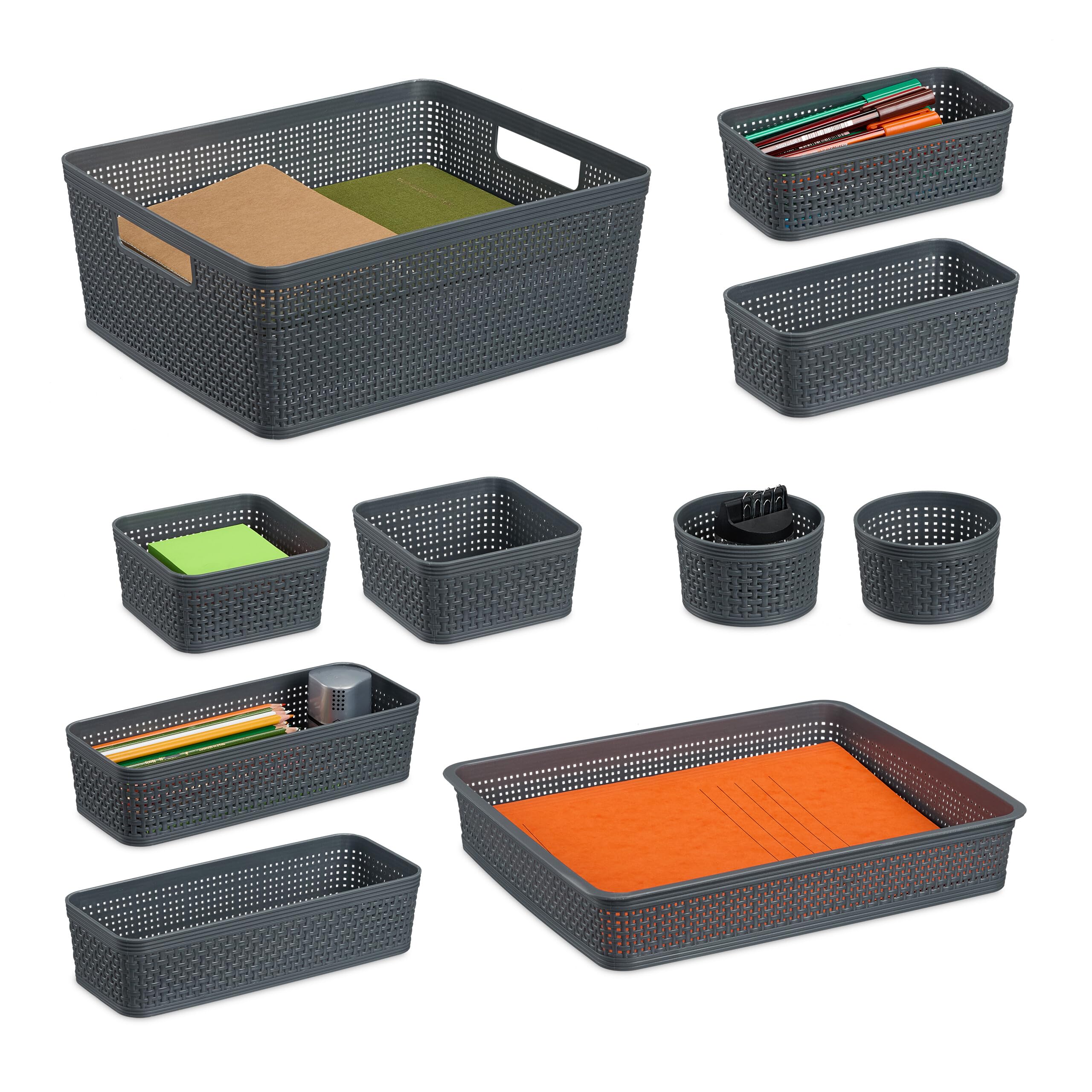 Relaxdays Organizador de Cajones, Set 10 Piezas, Cajas Organización Baño, Diferentes Tamaños, Plástico, Cestas, Gris