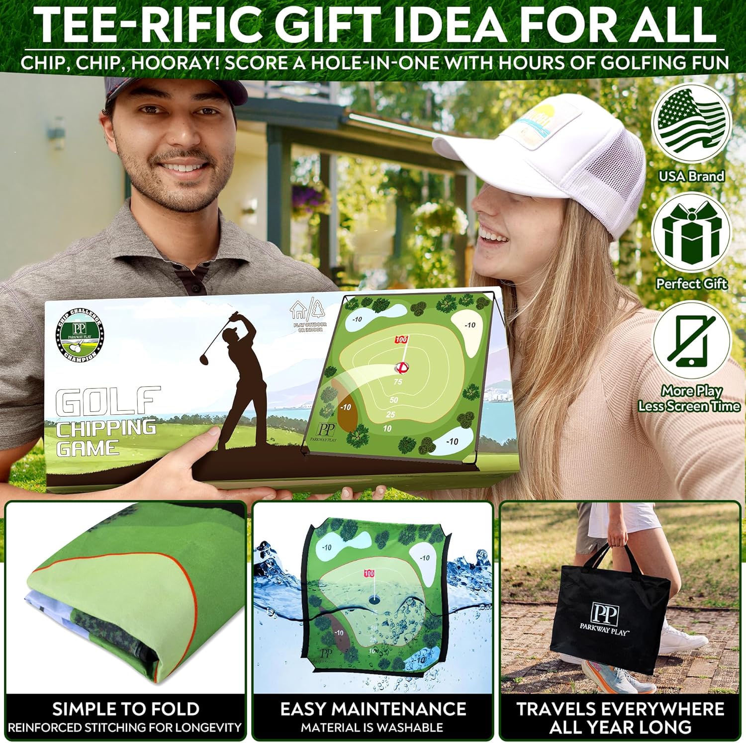 Sticky Golf Chipping Game Set - 6x6 ft Metal Frame with 2 Adjustable Clubs, 25 Sticky Balls, Turf Chipping Mat & Scoreboard - Backyard Golf Target Game for All Ages for Indoor/Outdoor Practice