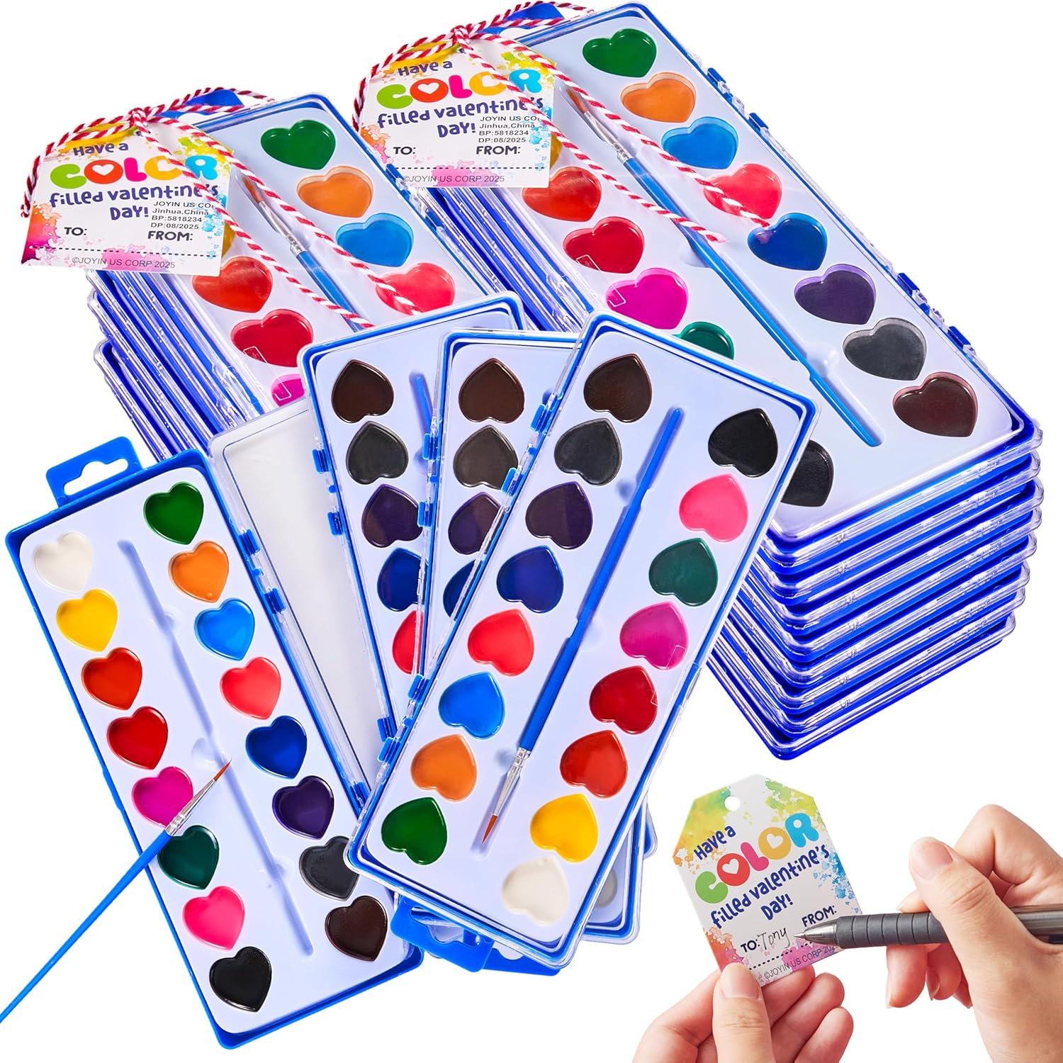 JOYIN 24 Pcs Valentine’s Day Heart-Shaped Watercolor Paints, 16 Colors Paint Palettes with Brushes & Gift Tags & Ropes, Valentines Day Arts for Kids Crafts DIY Activity Classroom Gifts Party Favors
