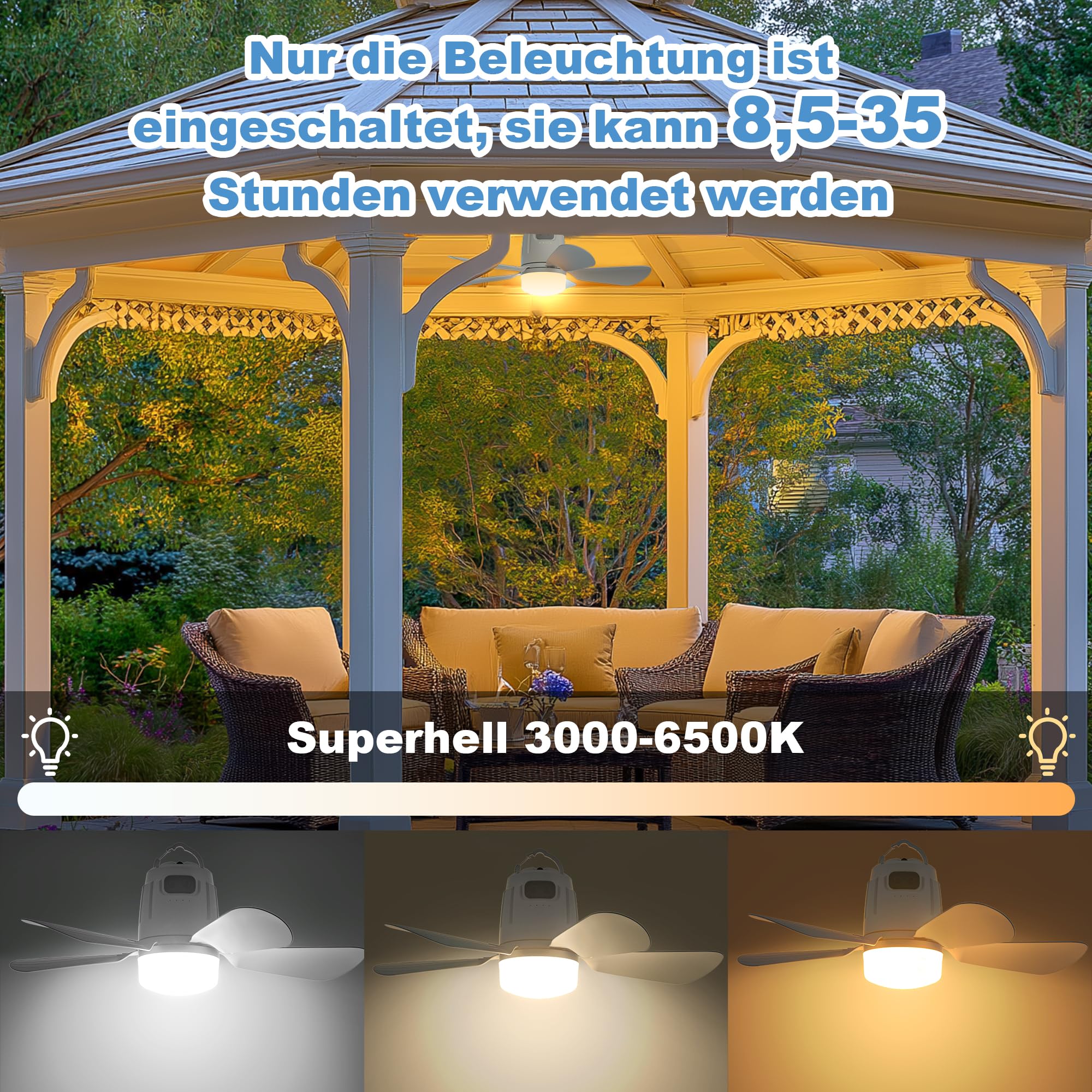 Gliztech Deckenventilator Outdoor 50CM, 20000mAh Camping Ventilator licht mit Akku, Mobiler Ventilator Lampe für Außenbereich, Haken und Fernbedienung, Pavillon, Terrasse, Zelt, Sonnenschirm