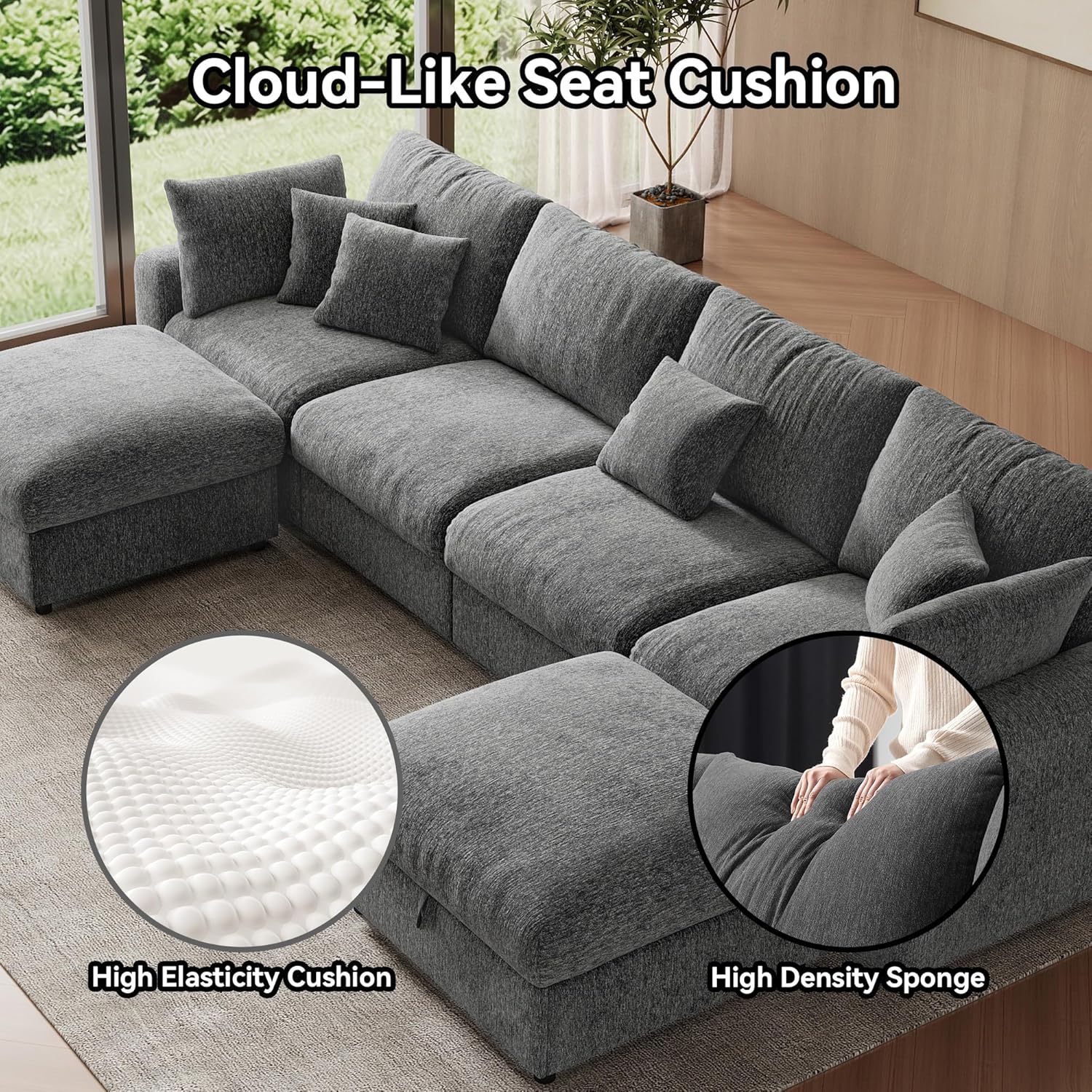 WorthFurni 140” Oversized Cloud Sectional Couches for Living Room, Modern Modular Sectional Sofa with Deep Seat, Convertible U Shape Couch with Storage Ottoman for Apartment, Chenille (Dark Gray)