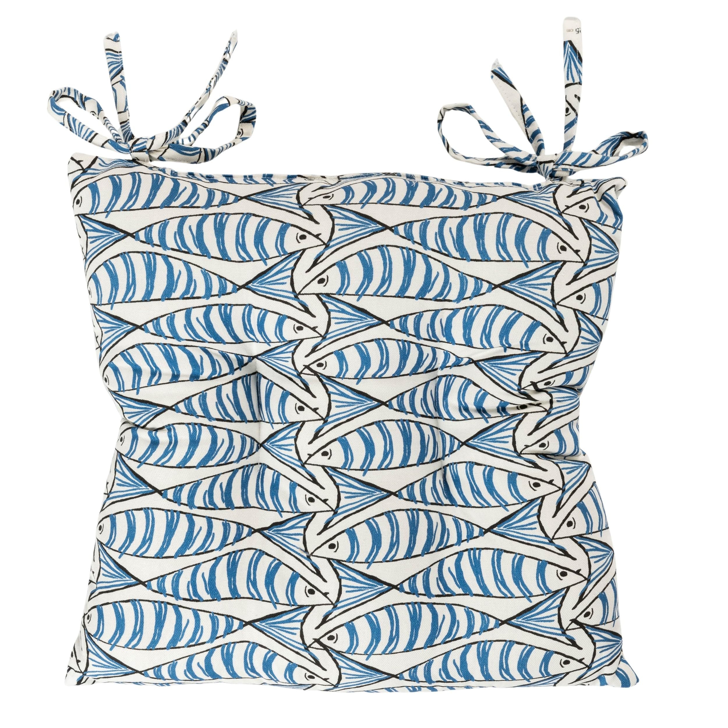 Linen Loft Blue Nautical Sardine Quilted Fibre Seat Pad. Quirky Fish Print Design, Luxury Dining Chair Pad With Ties. Deep-Filled & Supersoft. 16X16 X 3"