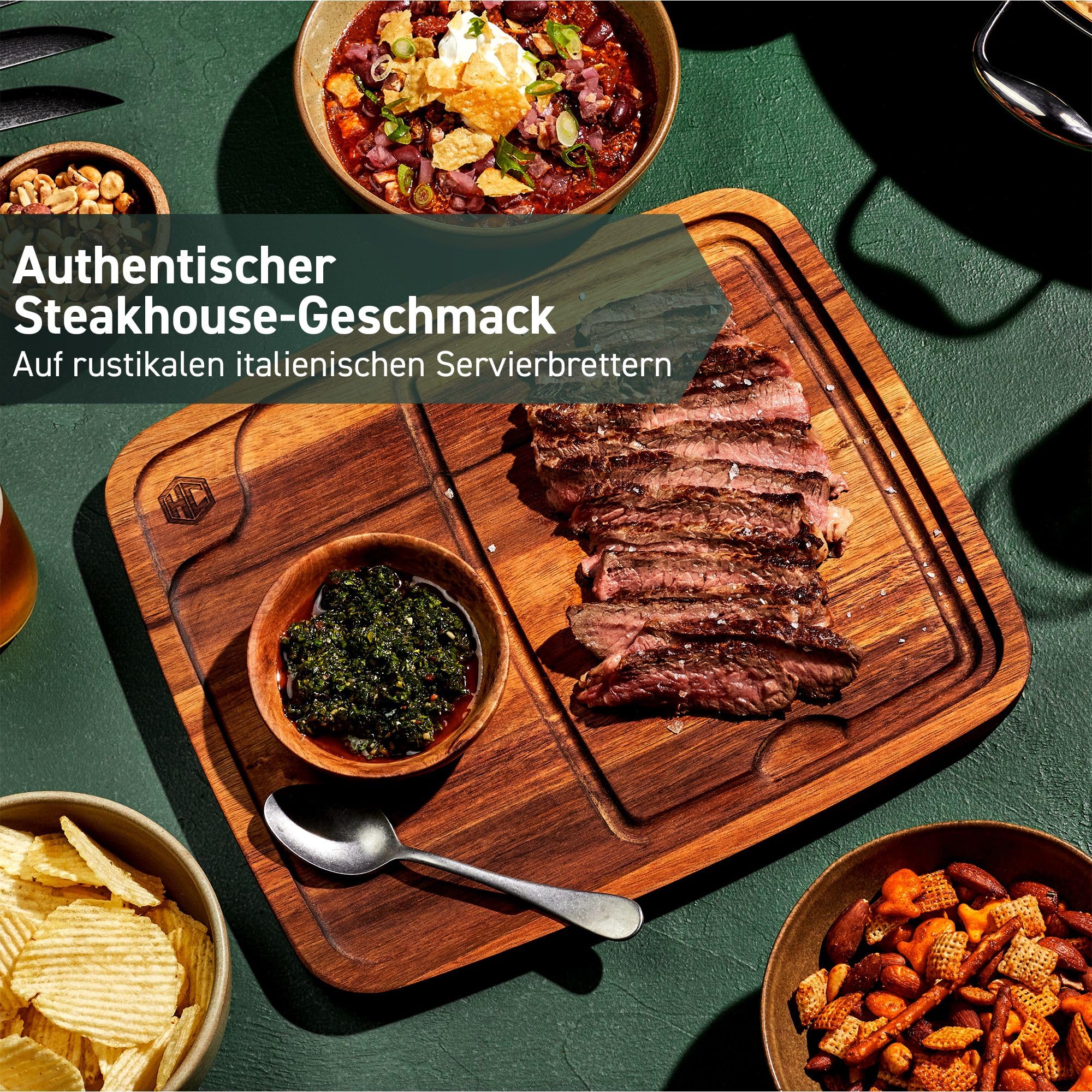 HexClad Steakbrett Set 4-teilig – Servierbrett aus Akazienholz