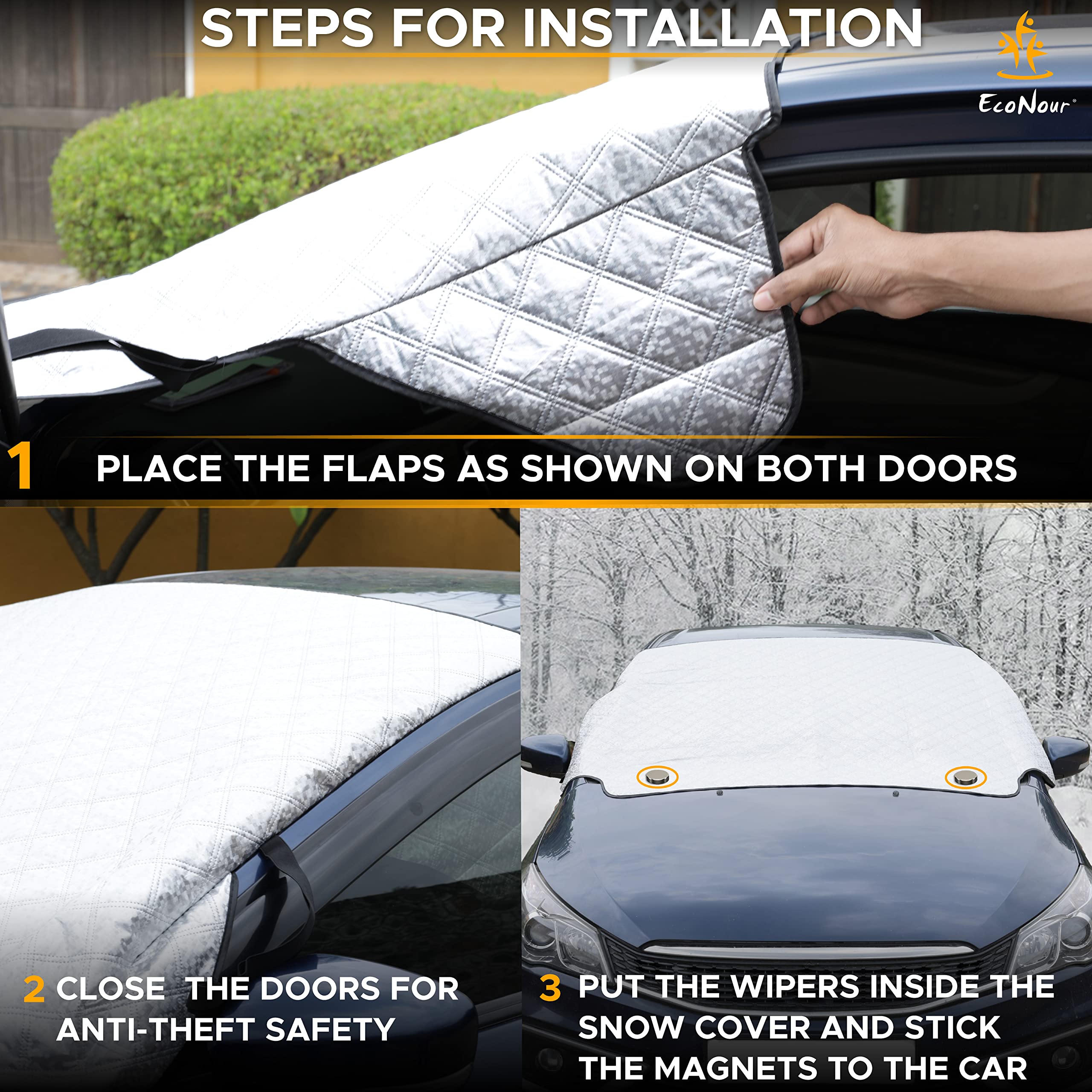 EcoNour PEVA Magnetic Windshield Snow Cover Features 4-Layer Thickness to Protect from Snow, Ice, and Frost | Car Cover for All Weather Protection Fits Most Cars | XL (74x49 inches)