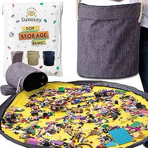 Toy Storage Basket and Play Mat for Building Bricks - Collapsible Canvas Organizer Bag with Drawstring - For Kids