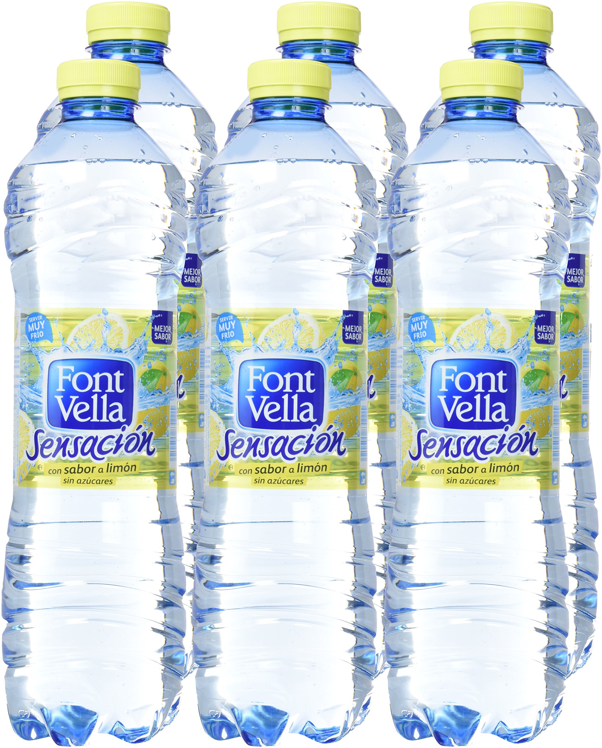 Font Vella Sensación Limón, Agua con sabor limón y lima sin calorías, 6 botellas de 1.25 litros