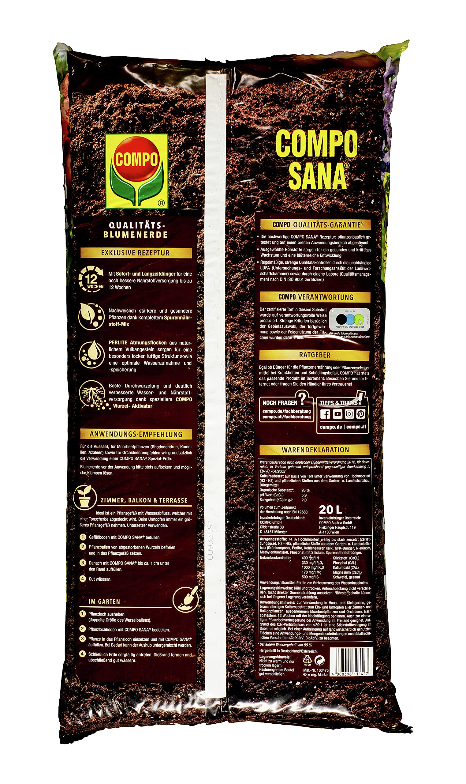 Compo 1114204 Sana – Tierra para macetas 20 litros Bolsa